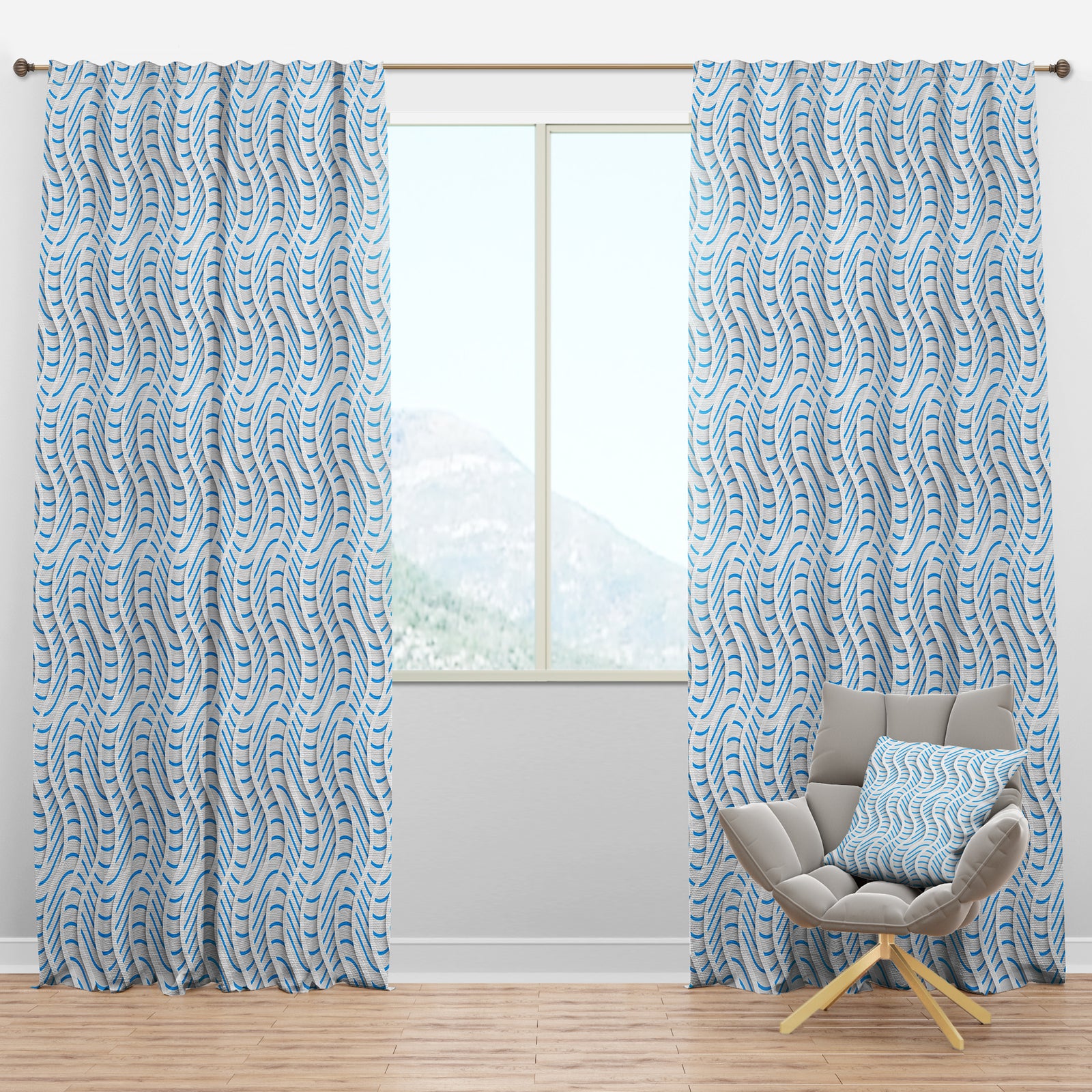 3D White And Light Blue Pattern II - Mid-Century Modern Curtain Panels