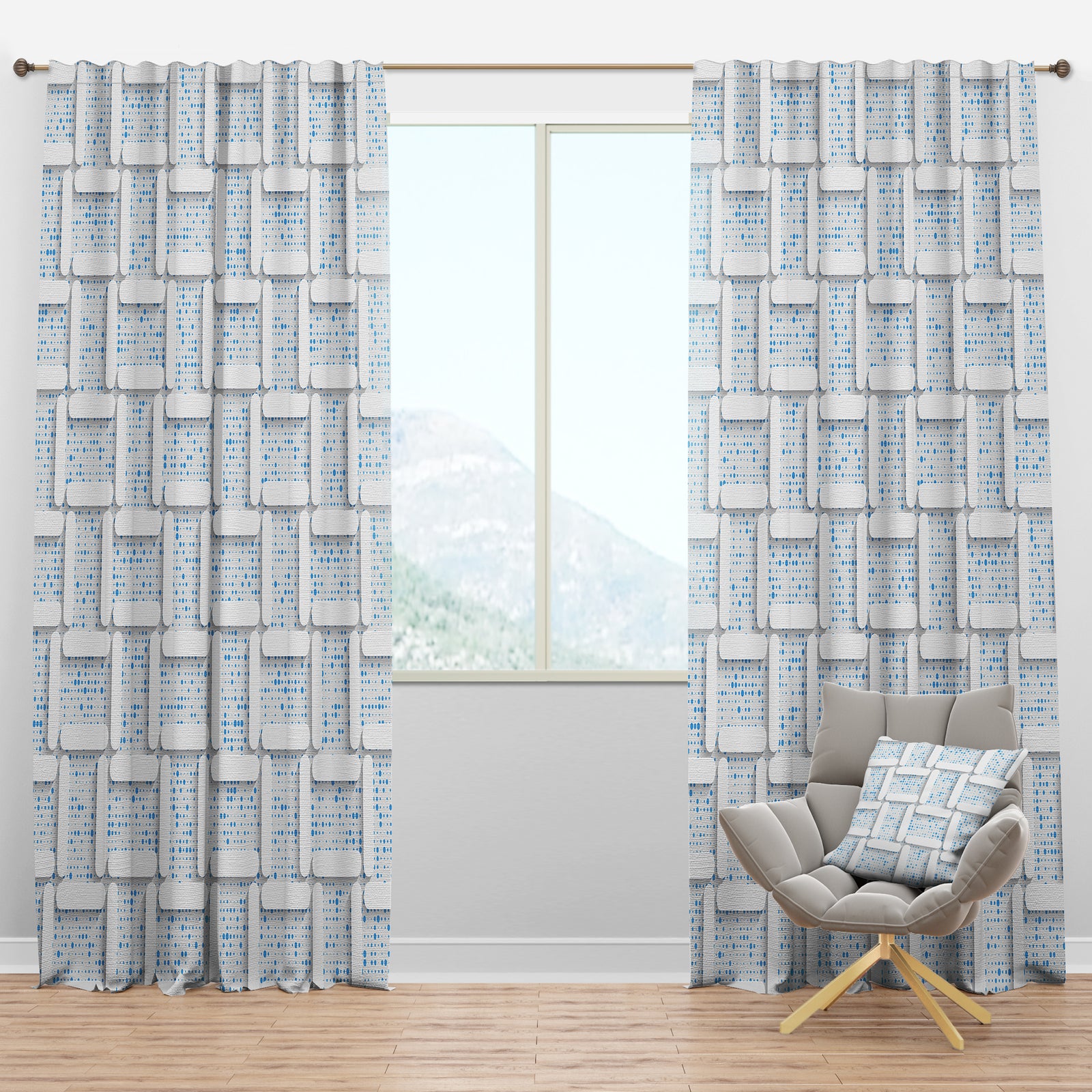 3D White And Light Blue Pattern I - Mid-Century Modern Curtain Panels