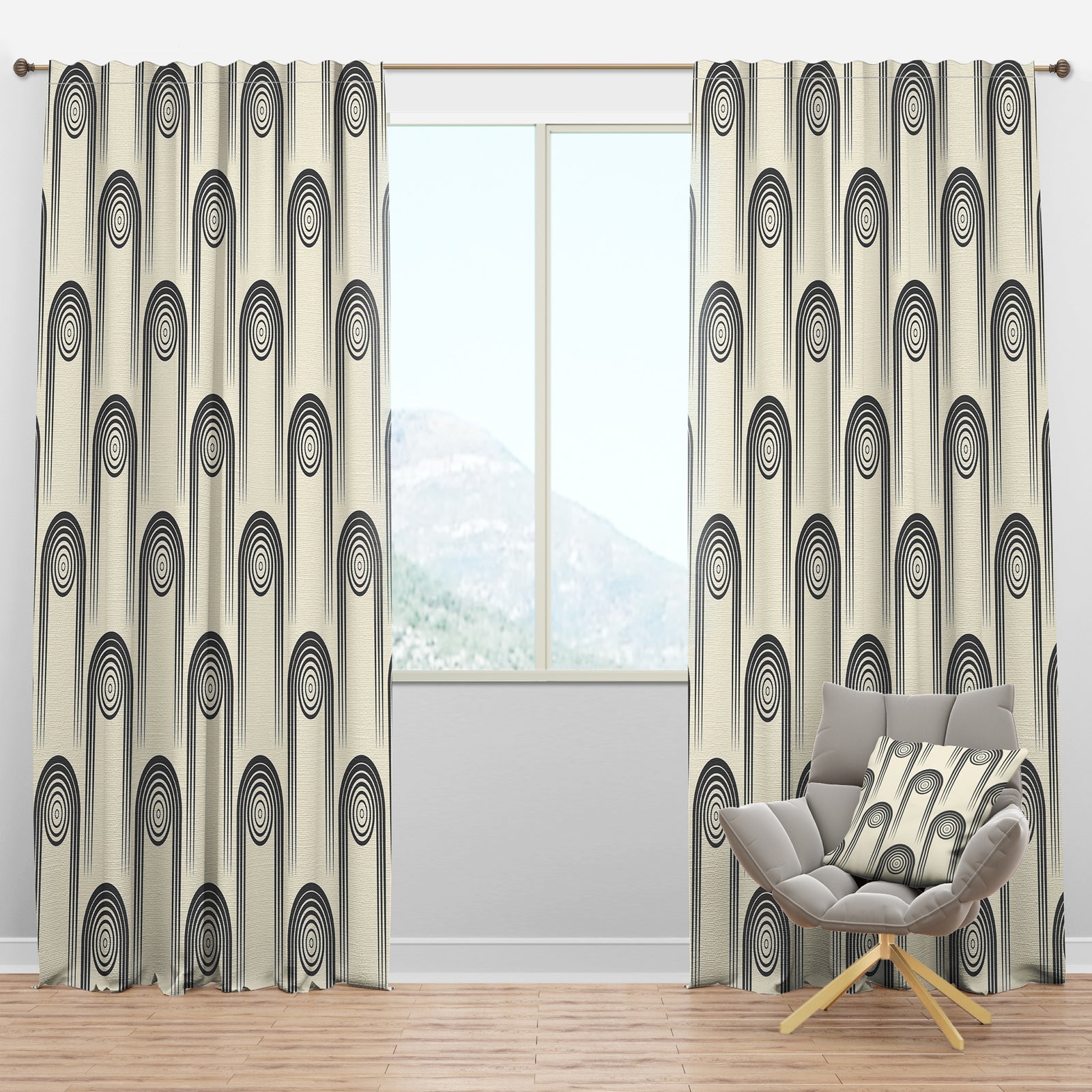 Retro Curved Minimal Geometric Ornament II - Mid-Century Modern Curtain Panels