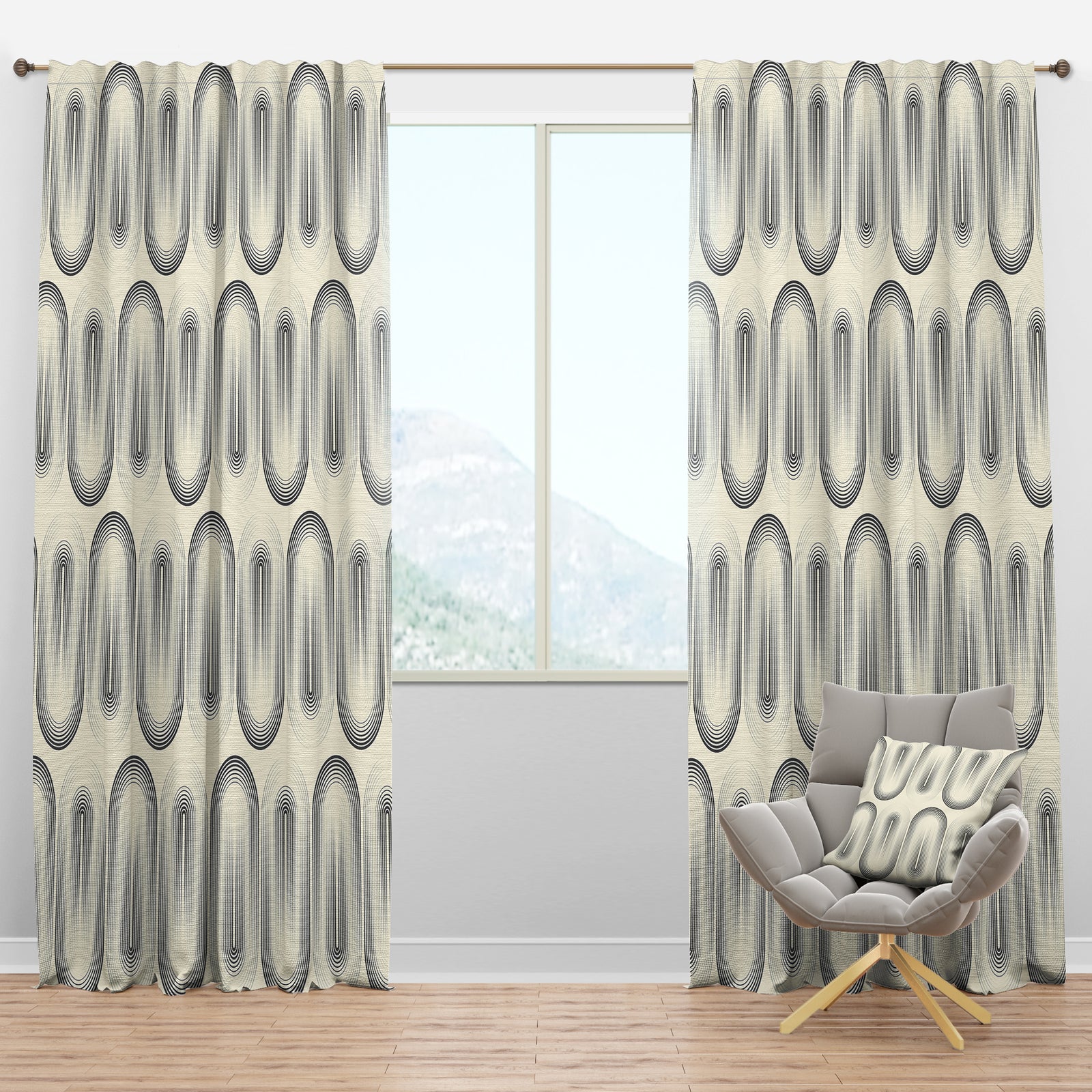 Retro Curved Minimal Geometric Ornament I - Mid-Century Modern Curtain Panels