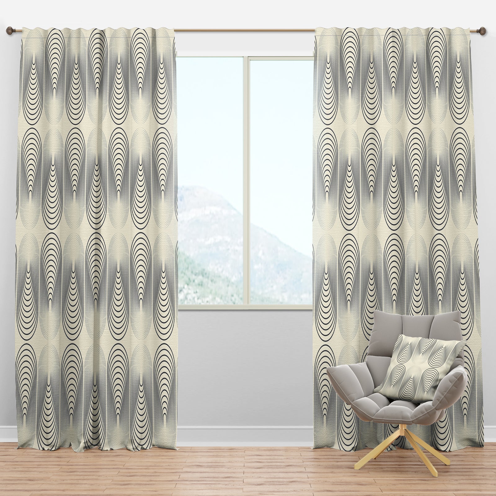 Monochrome Geometric Pattern X - Mid-Century Modern Curtain Panels