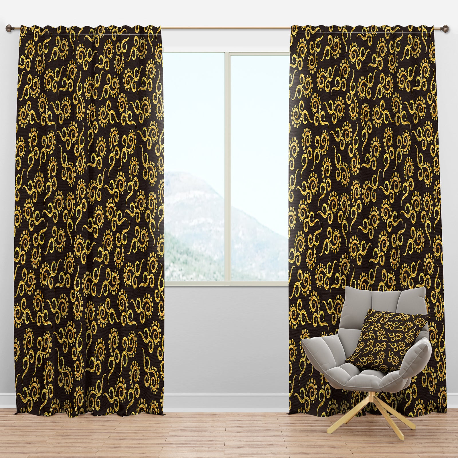 Gold And Black Swirl II - Mid-Century Modern Curtain Panels