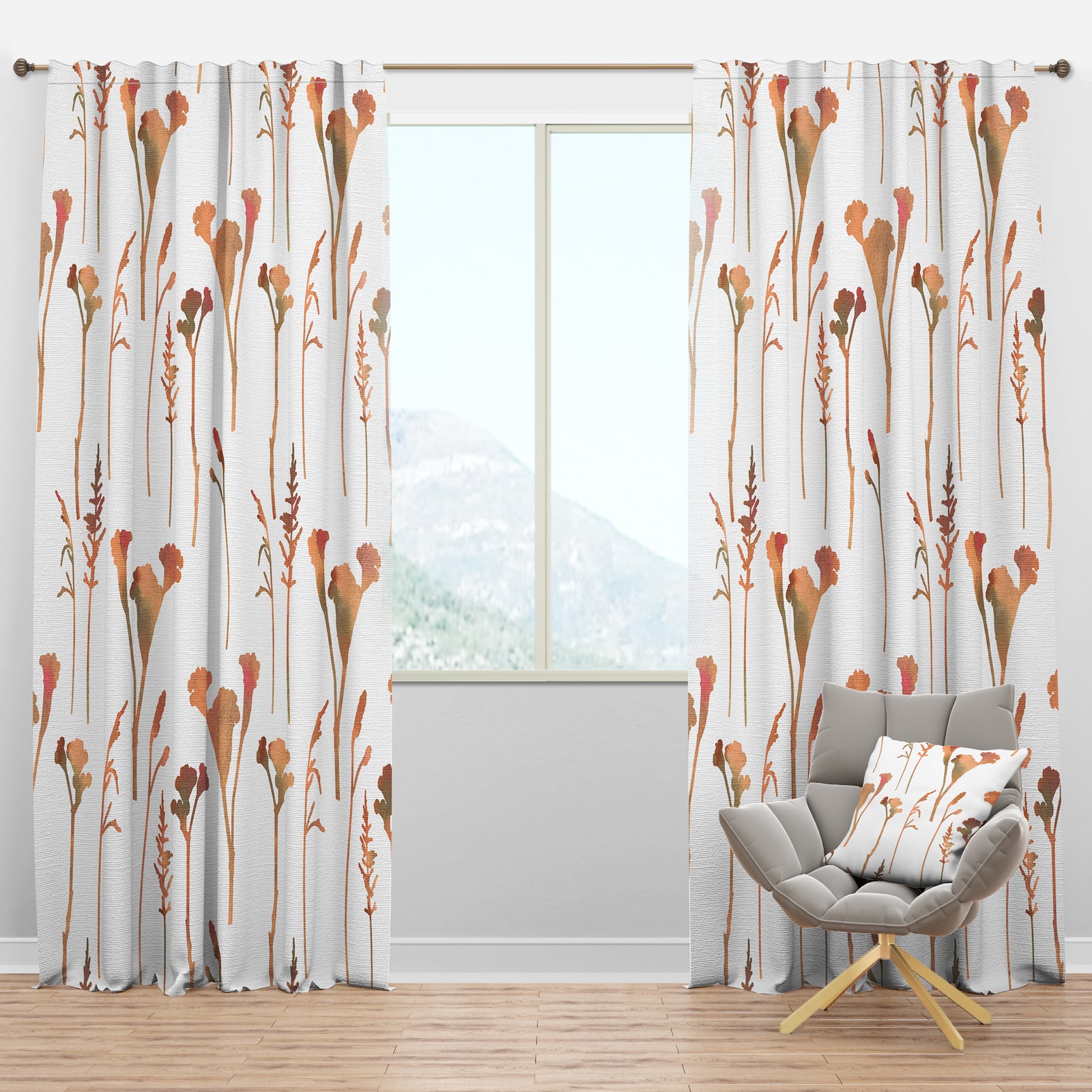 Retro Handdrawn Flowers I - Mid-Century Modern Curtain Panels