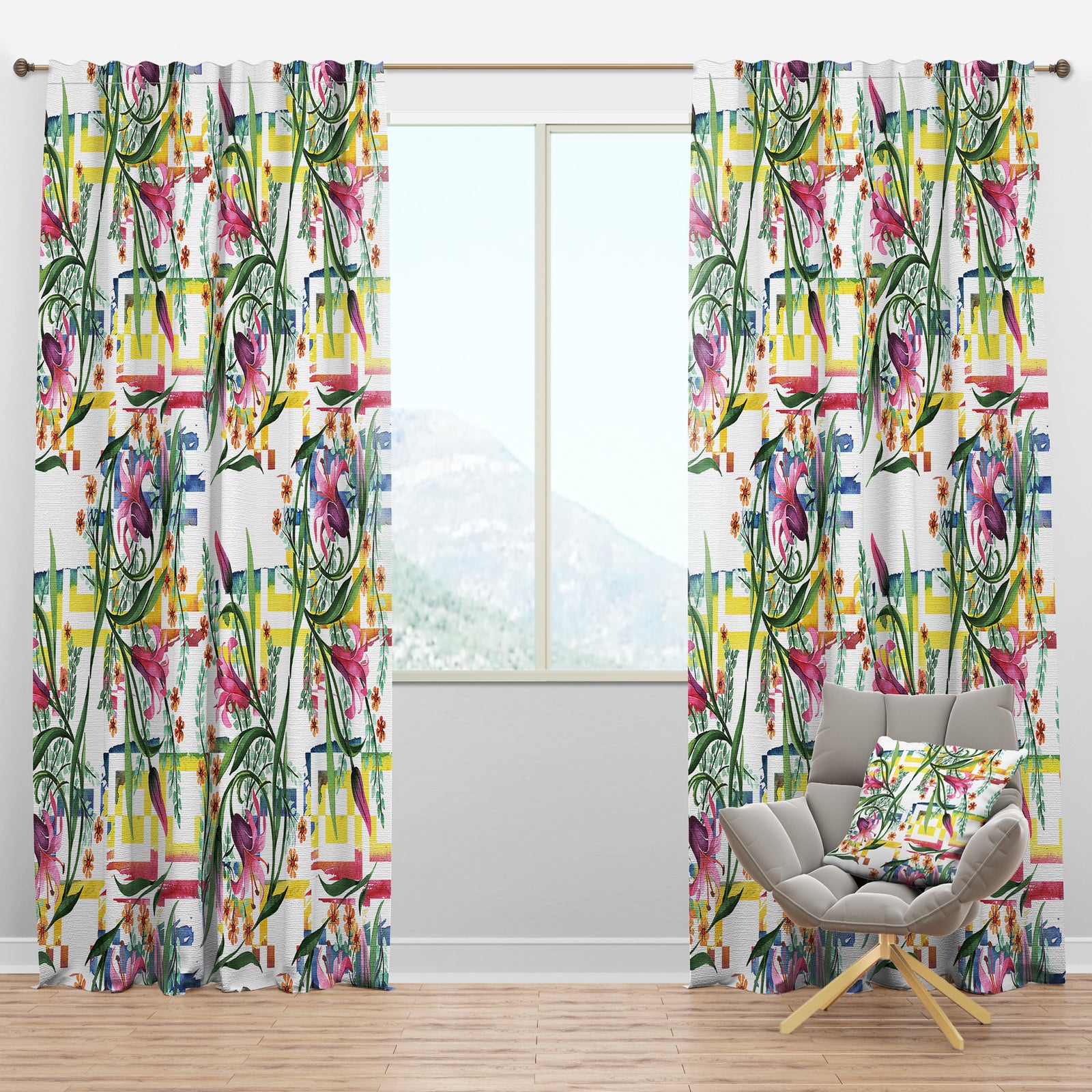 Floral Botanical Retro XI - Mid-Century Modern Curtain Panels