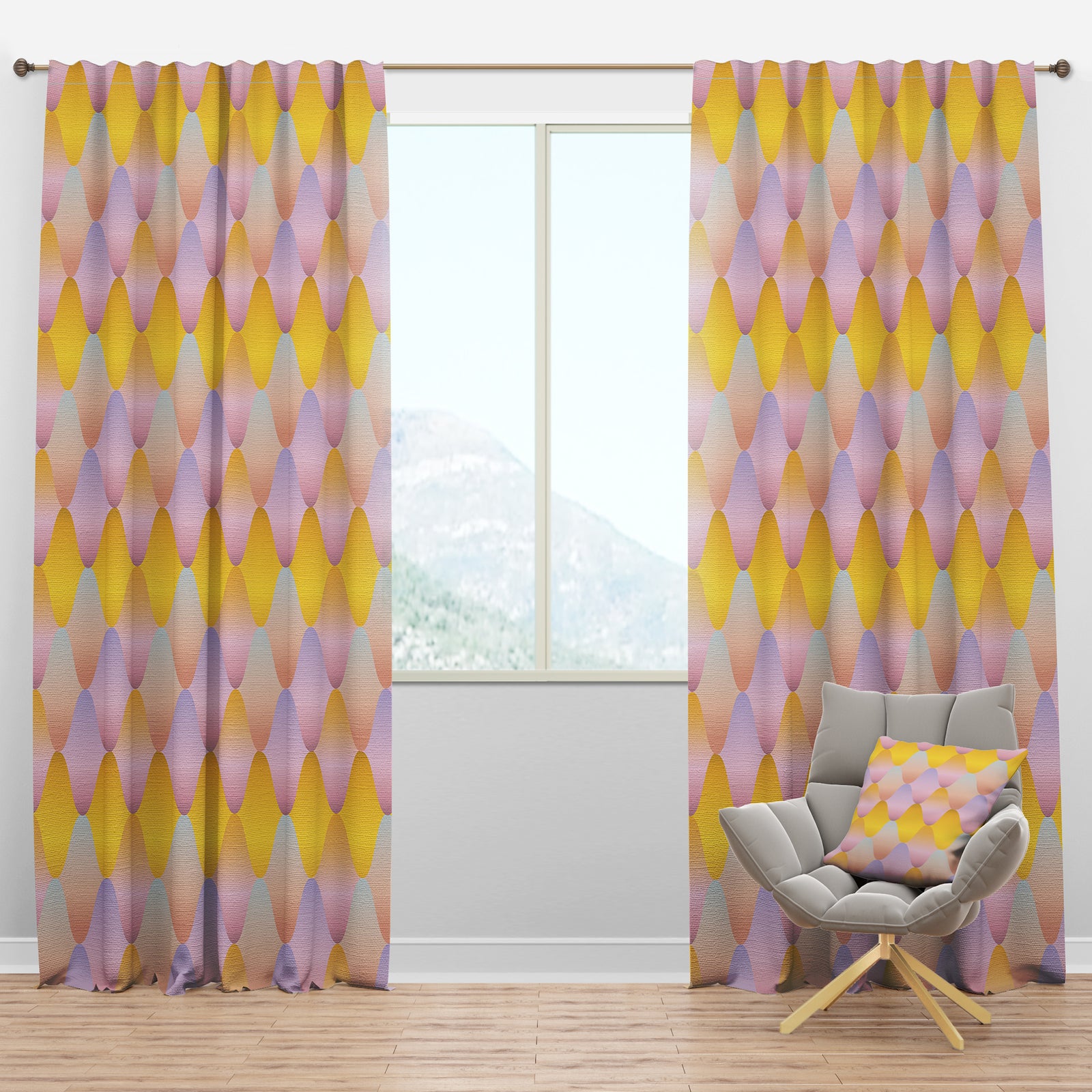 Golden Geometrical Diamond Pattern II - Mid-Century Modern Curtain Panels