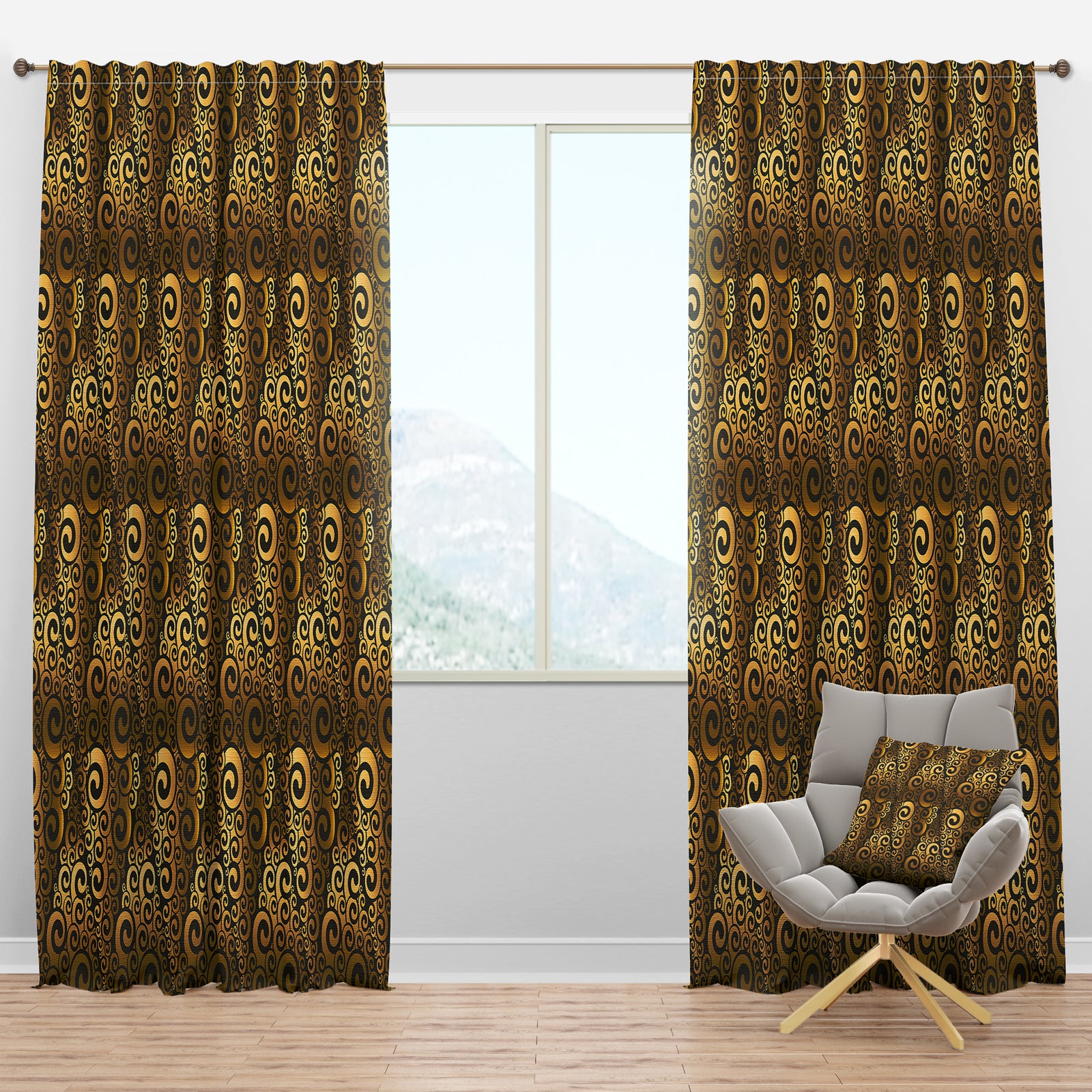 Gold And Black Swirl I - Mid-Century Modern Curtain Panels