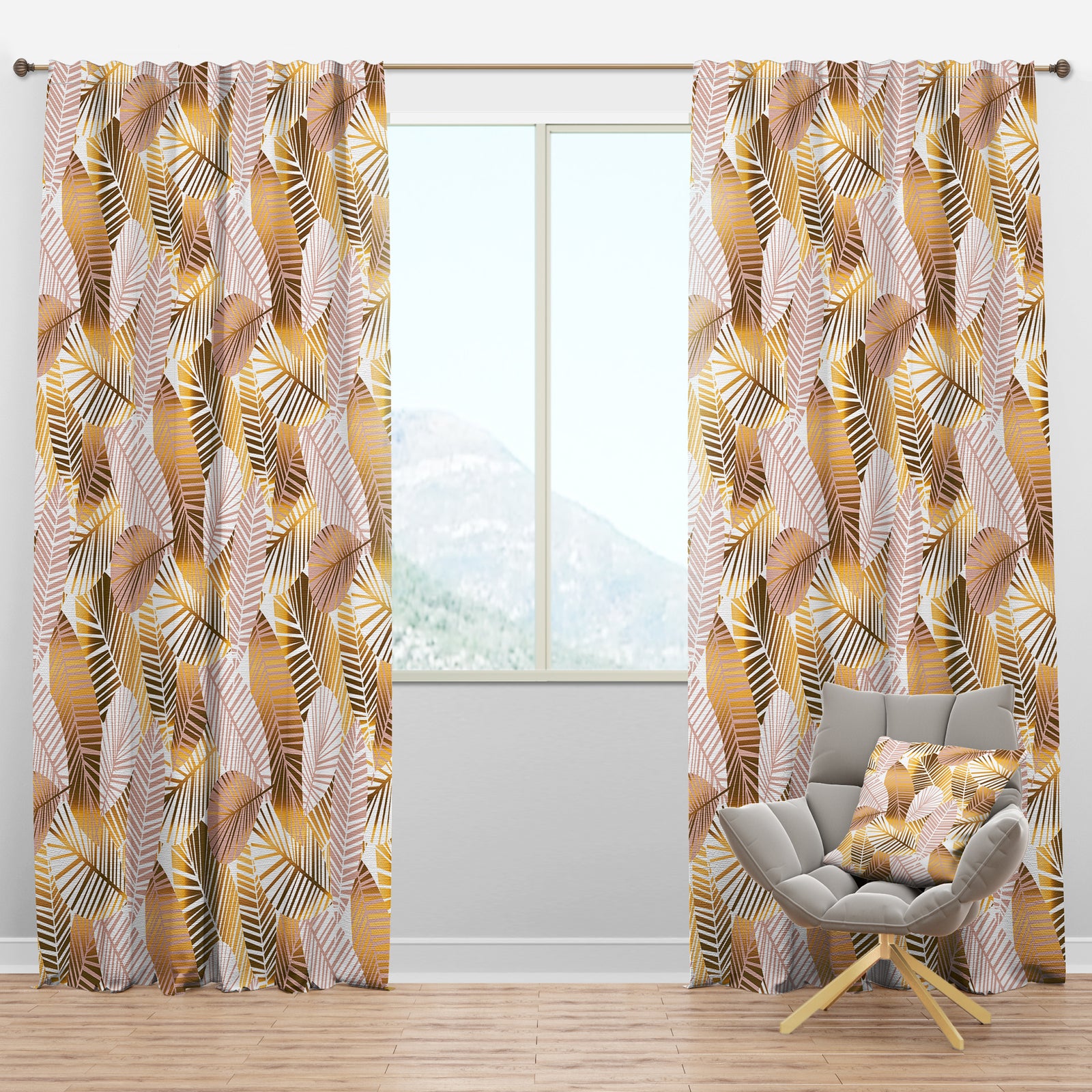 Golden Palm Leaves II - Mid-Century Modern Curtain Panels
