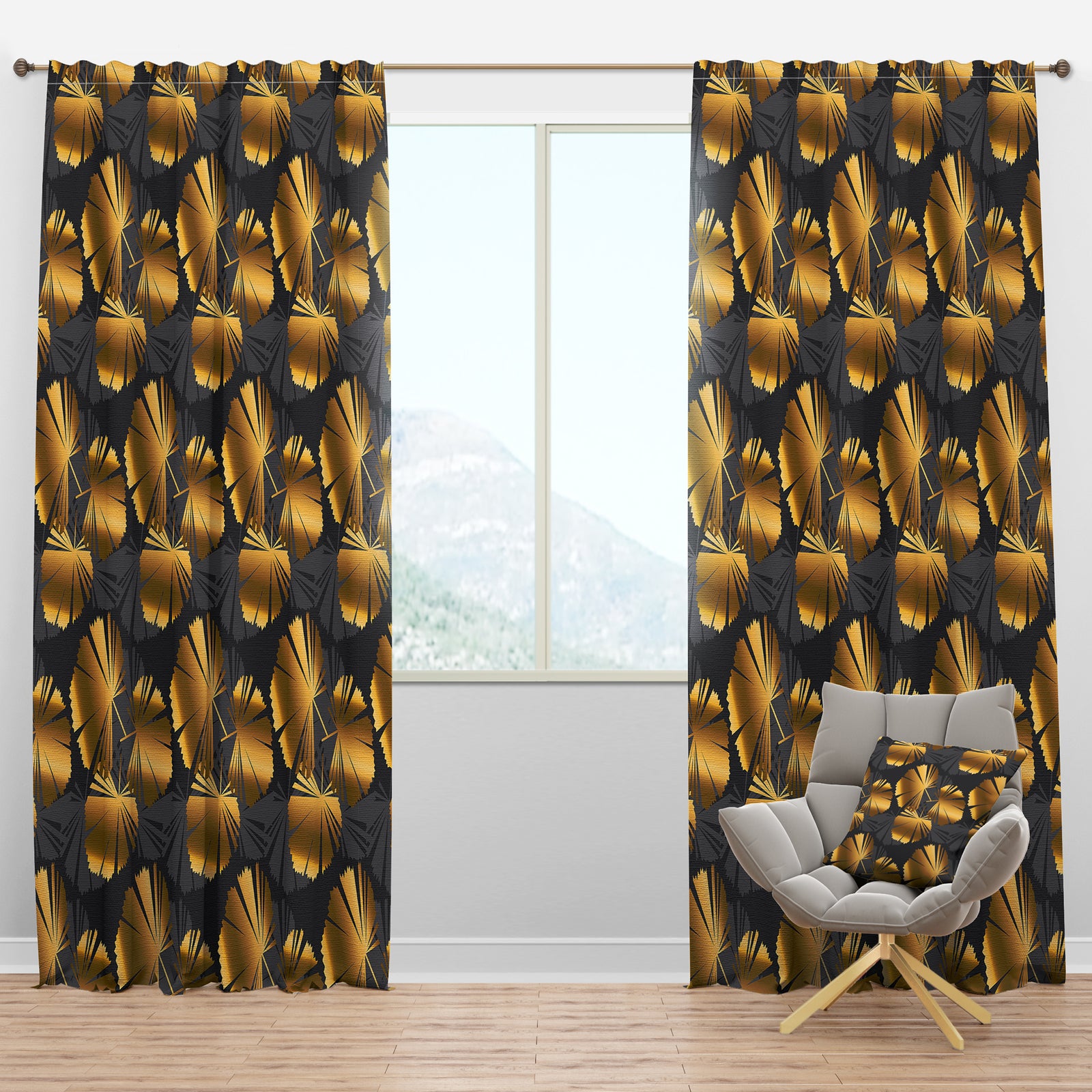Golden Palm Leaves III - Mid-Century Modern Curtain Panels