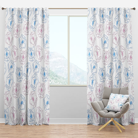 Retro Handdrawn Poppies I - Mid-Century Modern Curtain Panels