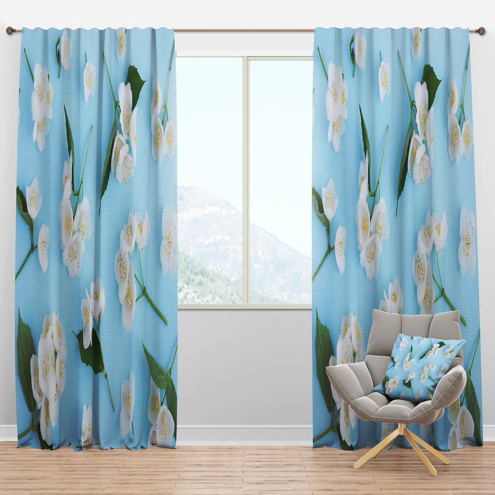 Jasmin Flowers of Bright Blue - Mid-Century Modern Curtain Panels