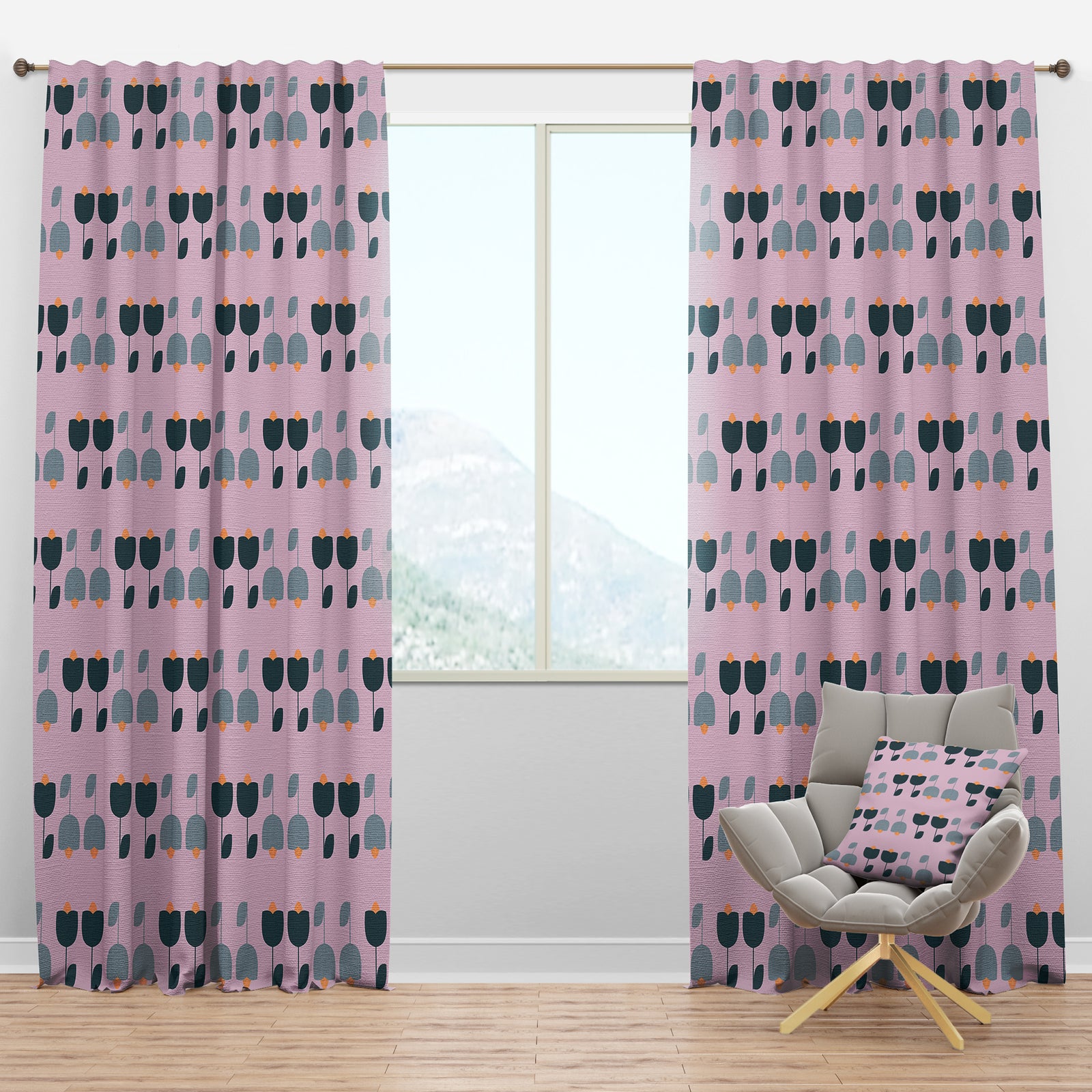 Retro Floral Pattern XIII - Mid-Century Modern Curtain Panels