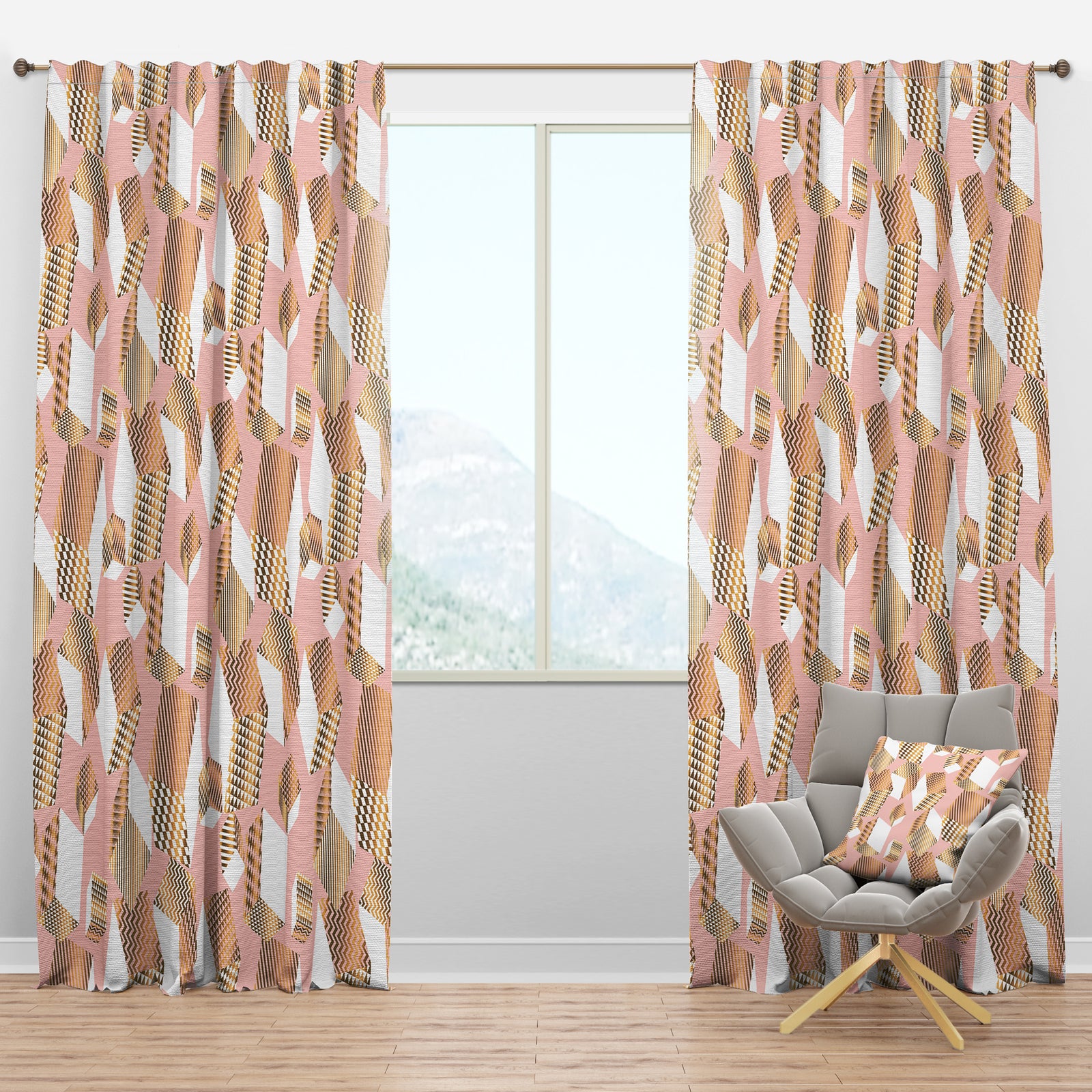 Gold And Rose Cubes I - Mid-Century Modern Curtain Panels
