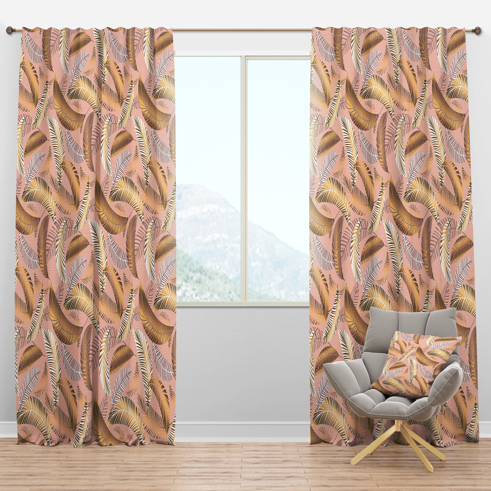 Golden Tropical Pattern V - Mid-Century Modern Curtain Panels