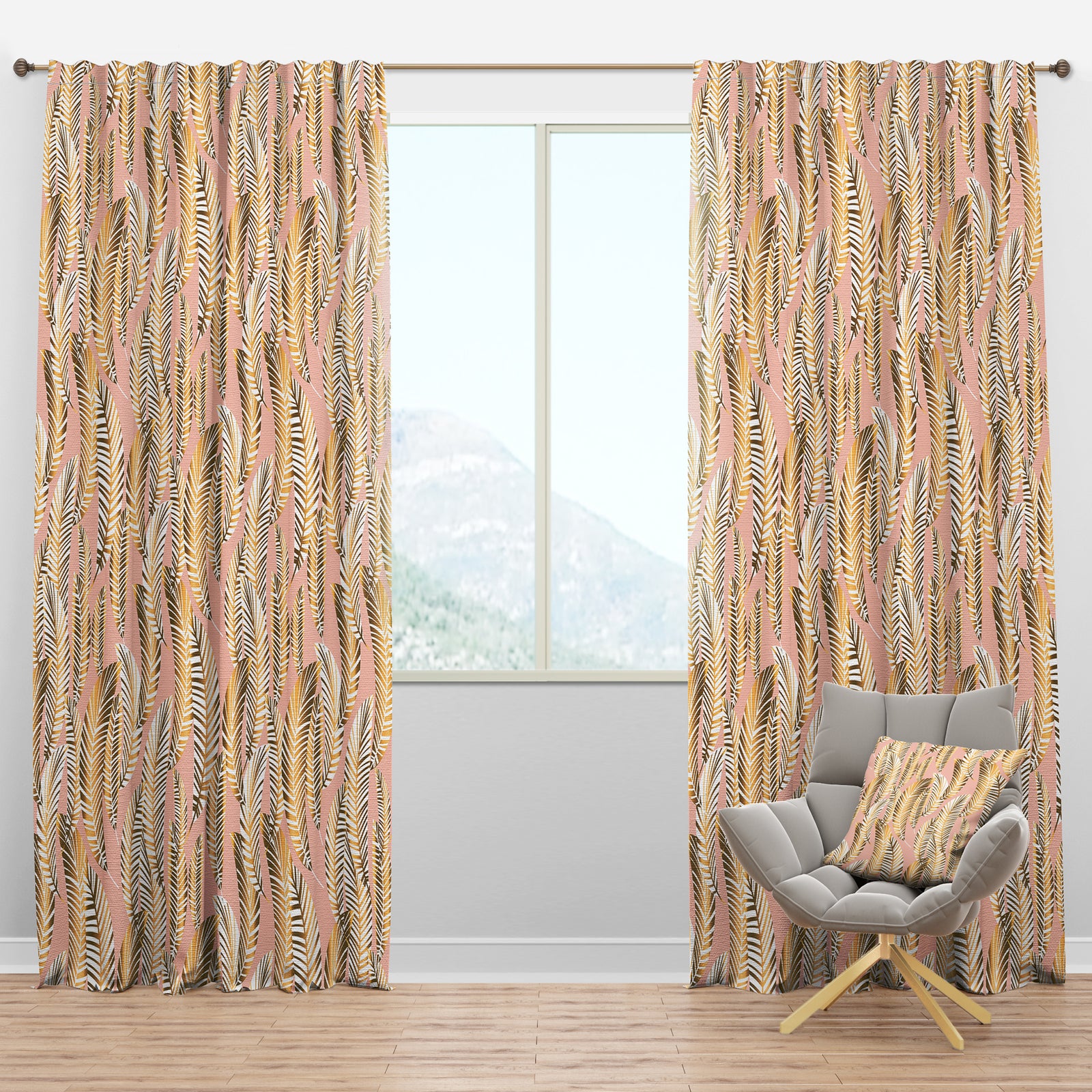 Golden Palm Leaves I - Mid-Century Modern Curtain Panels