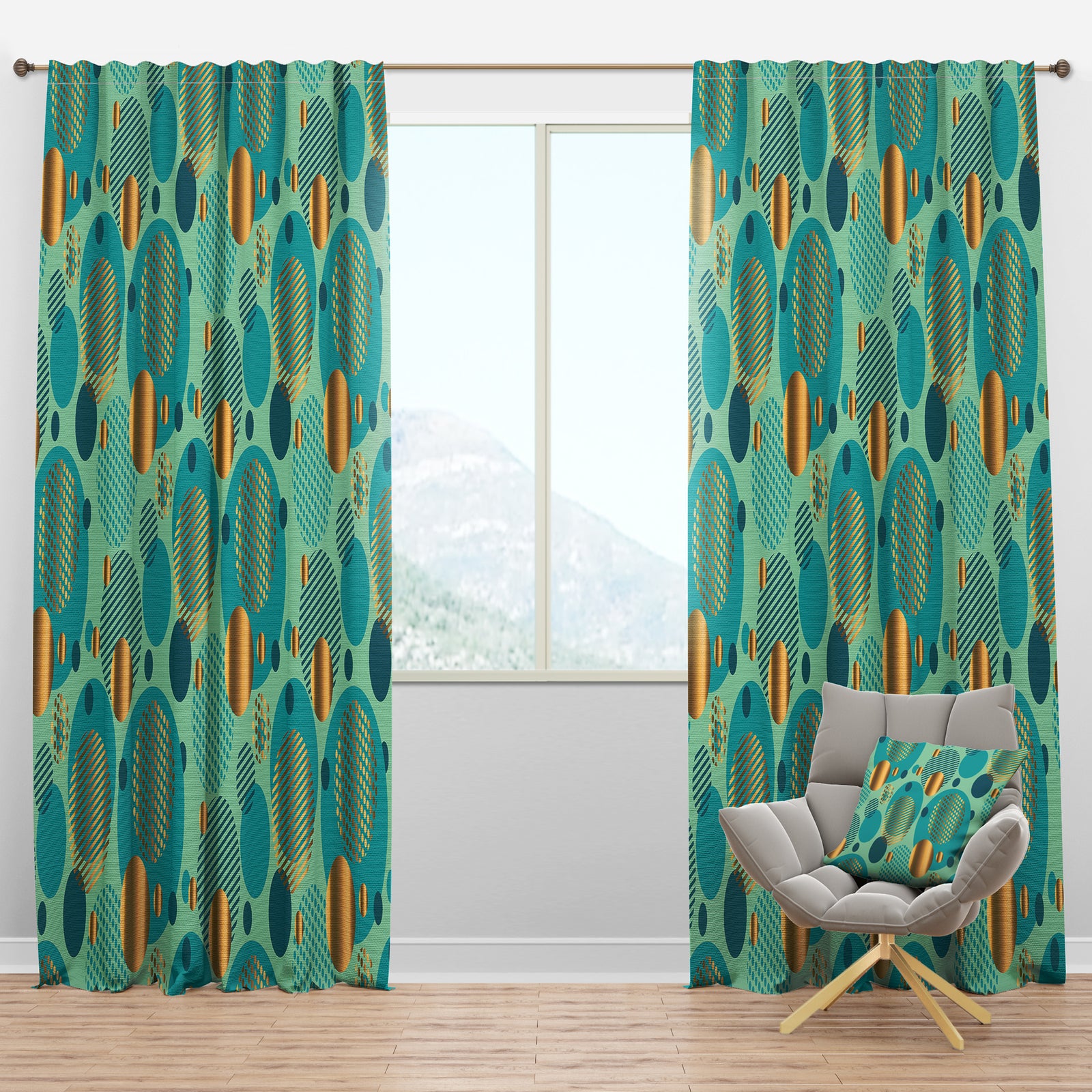 Gold and Blue Dynamics III - Mid-Century Modern Curtain Panels