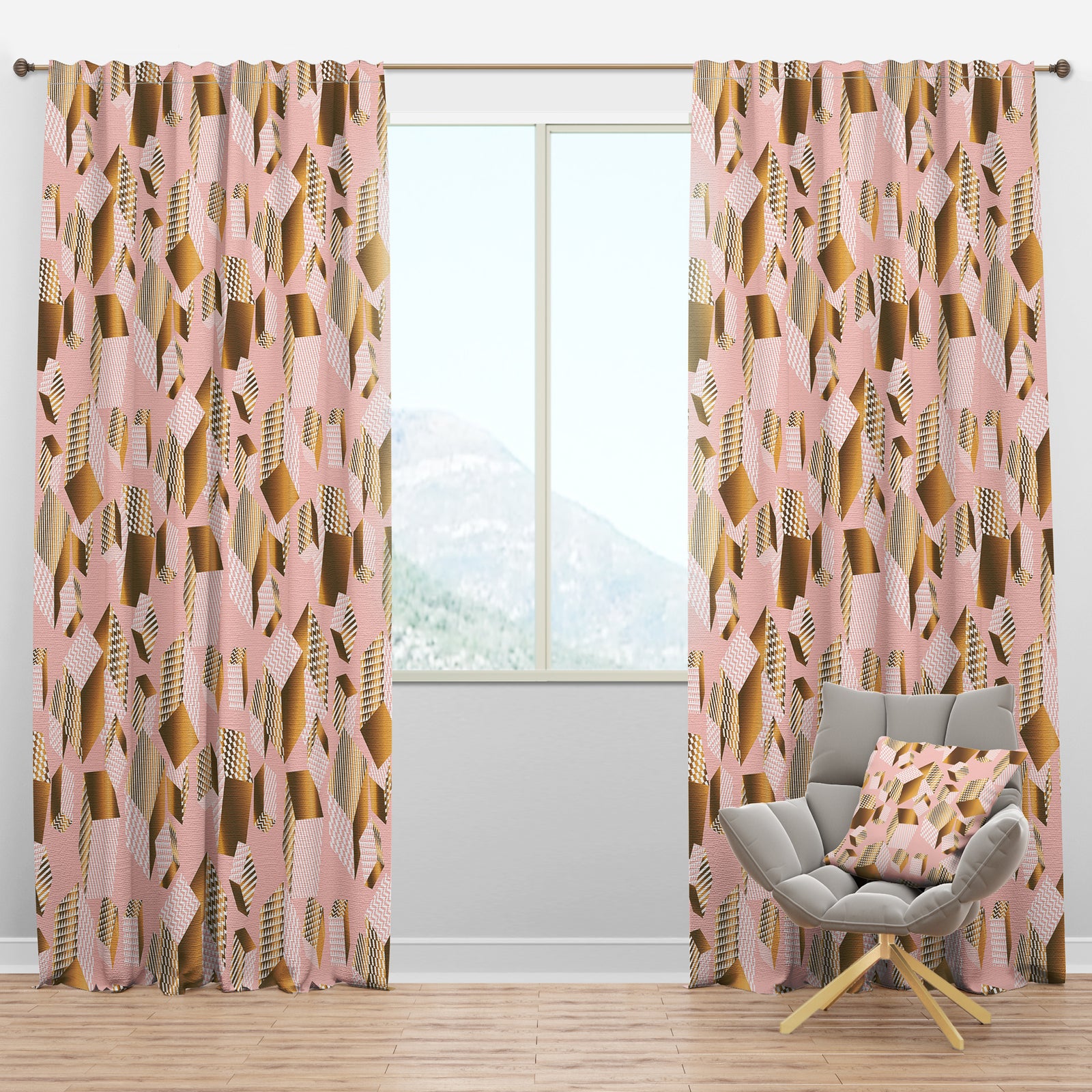 Gold And Rose Cubes II - Mid-Century Modern Curtain Panels