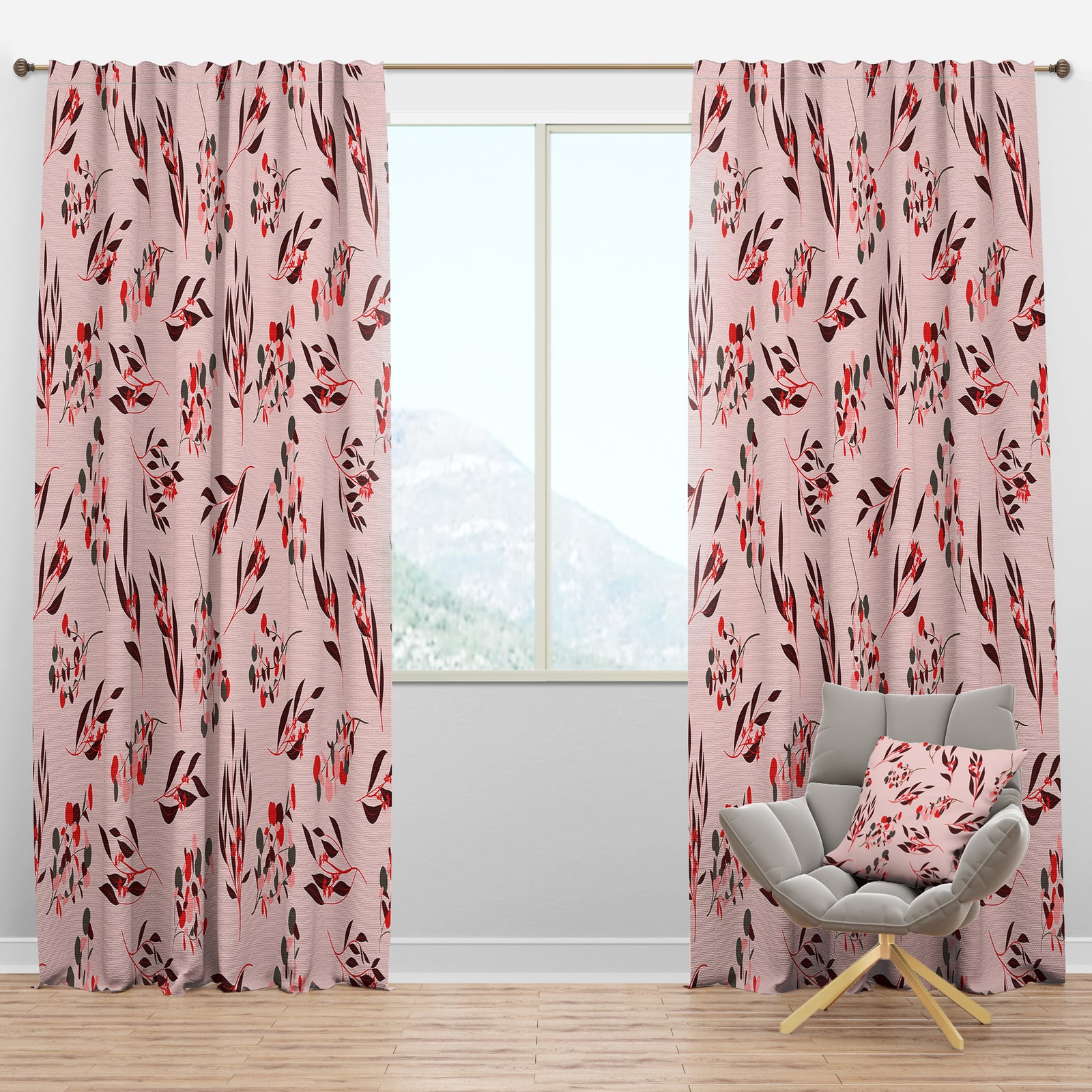 Bright Eucalyptus Floral Pattern II - Mid-Century Modern Curtain Panels