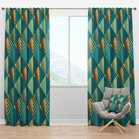 Gold and Blue Dynamics I - Mid-Century Modern Curtain Panels