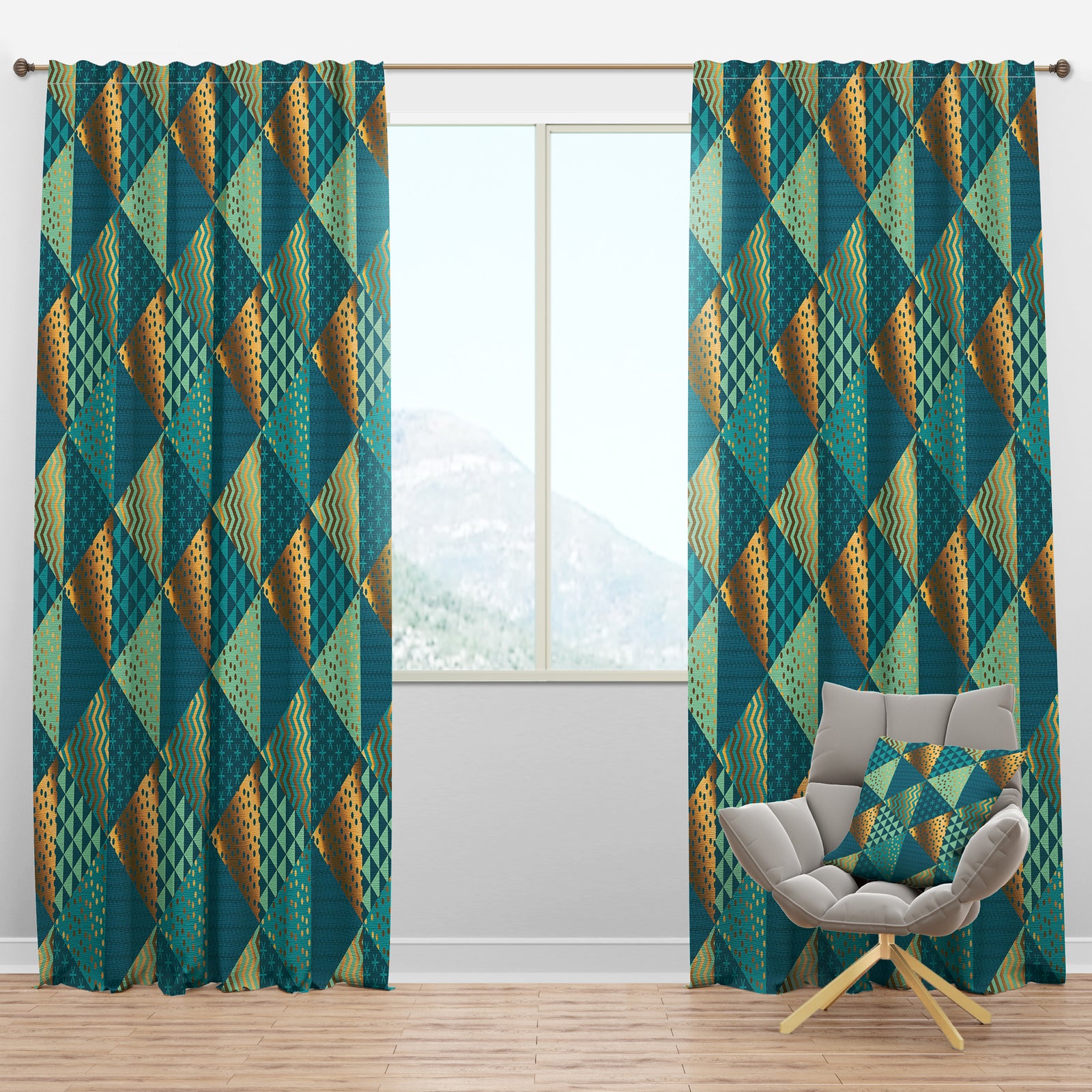 Gold and Blue Dynamics I - Mid-Century Modern Curtain Panels