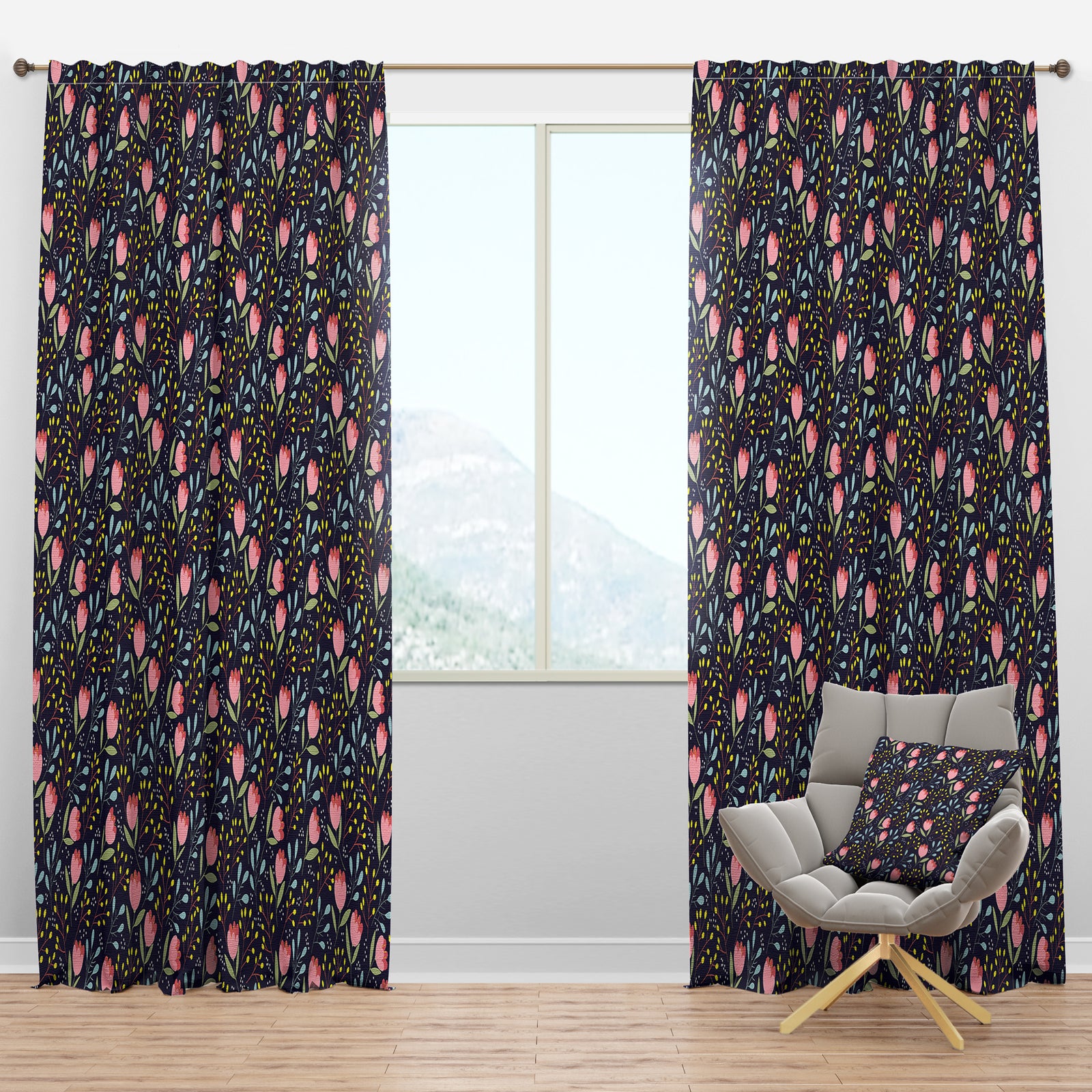 Handdrawn Pink Flowers - Mid-Century Modern Curtain Panels