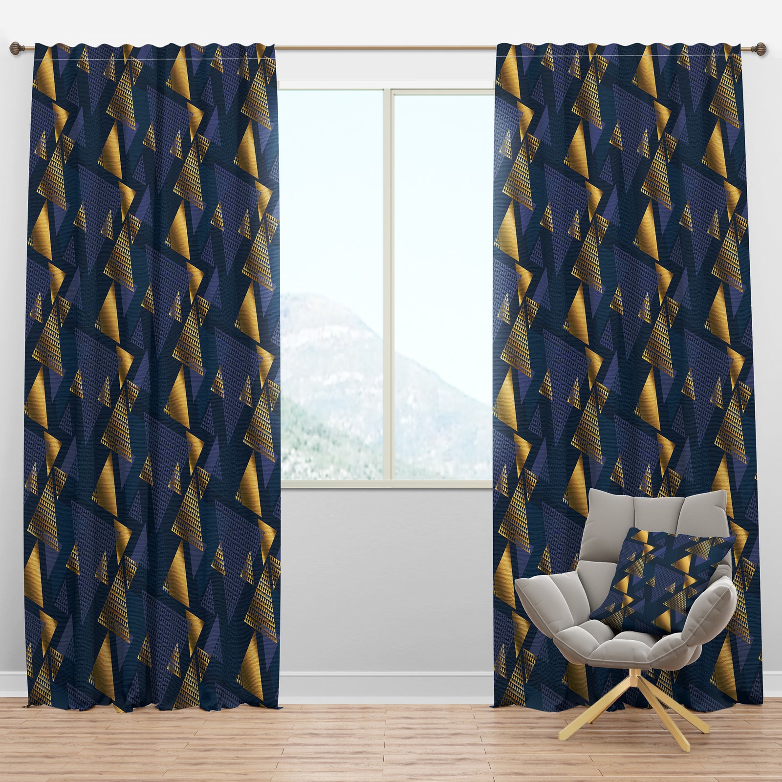 Retro Luxury Waves In Gold And Blue IX - Mid-Century Modern Curtain Panels