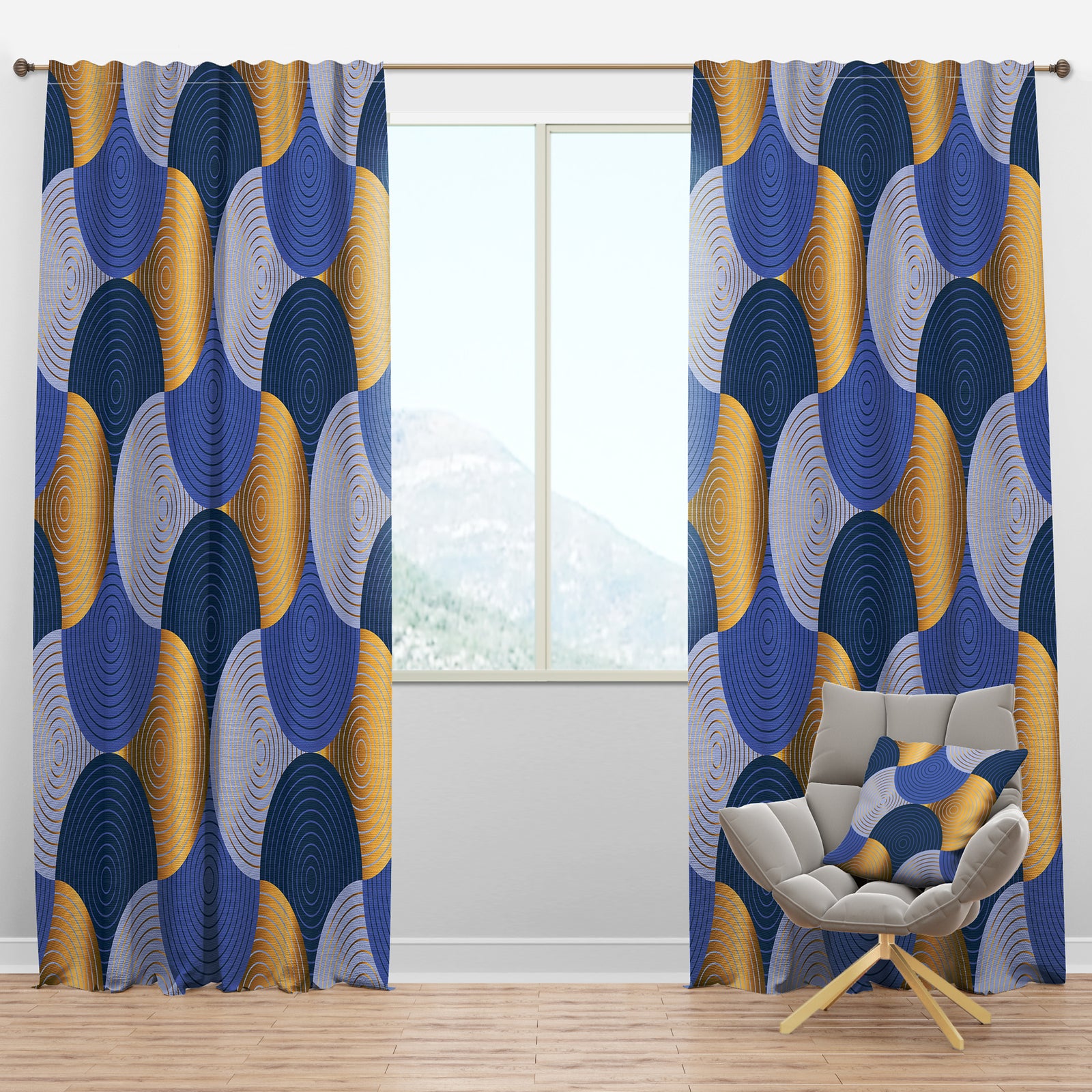 Retro Luxury Waves In Gold And Blue X - Mid-Century Modern Curtain Panels