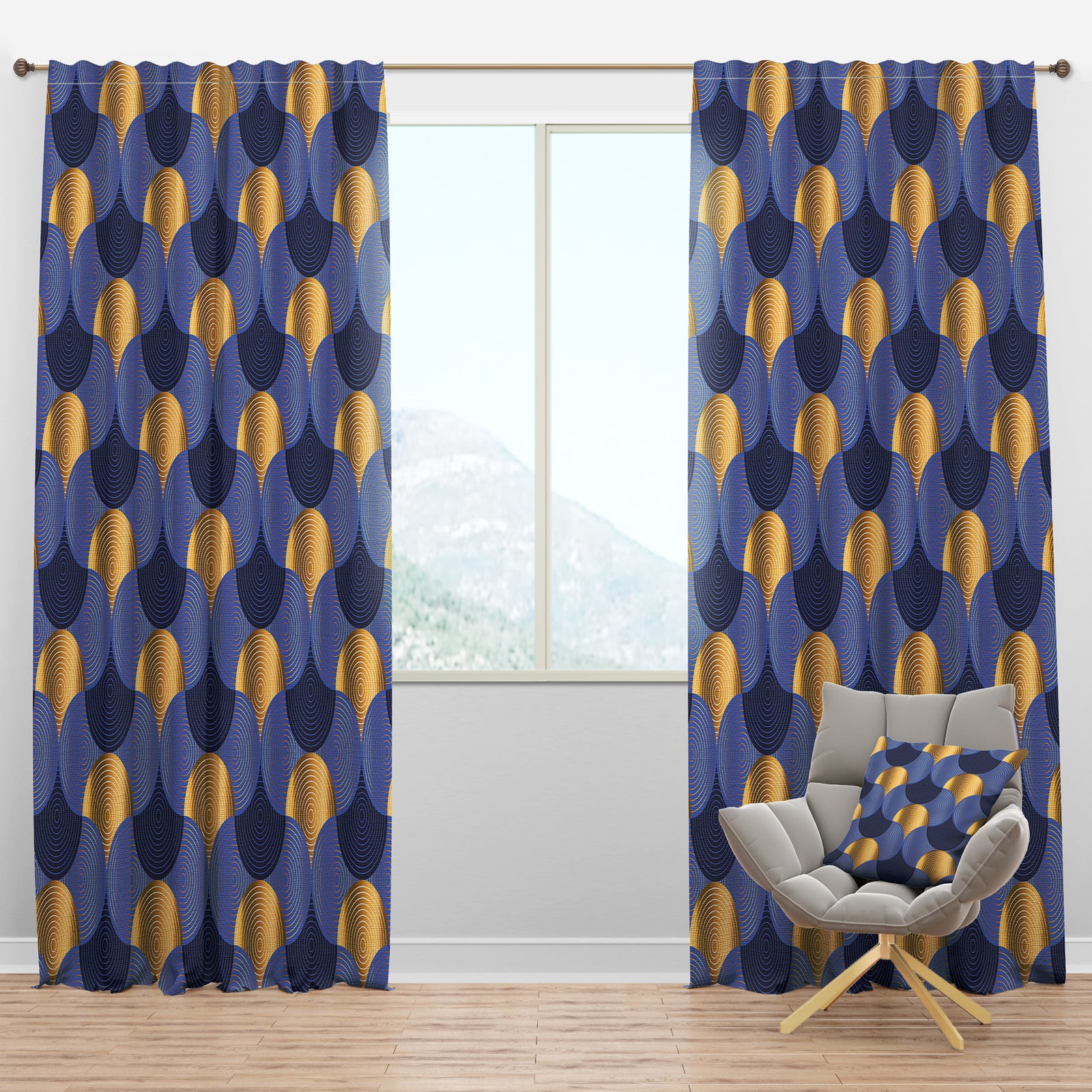 Retro Luxury Waves In Gold And Blue VIII - Mid-Century Modern Curtain Panels
