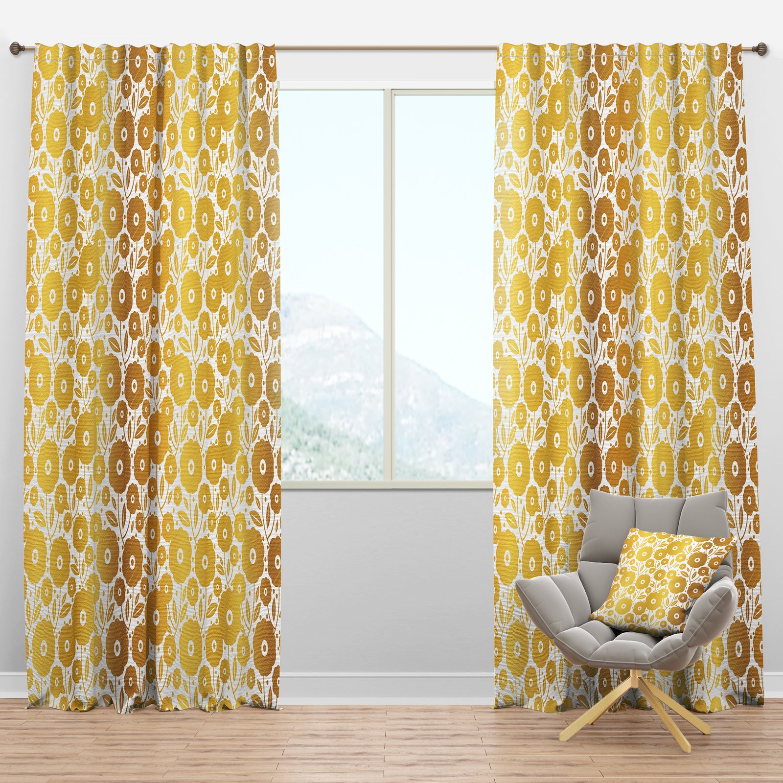 Golden Floral I - Mid-Century Modern Curtain Panels