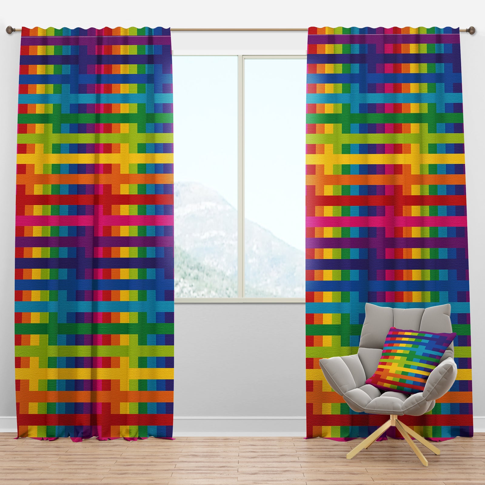Rainbow colors simple geometric pattern. - Mid-Century Modern Curtain Panels