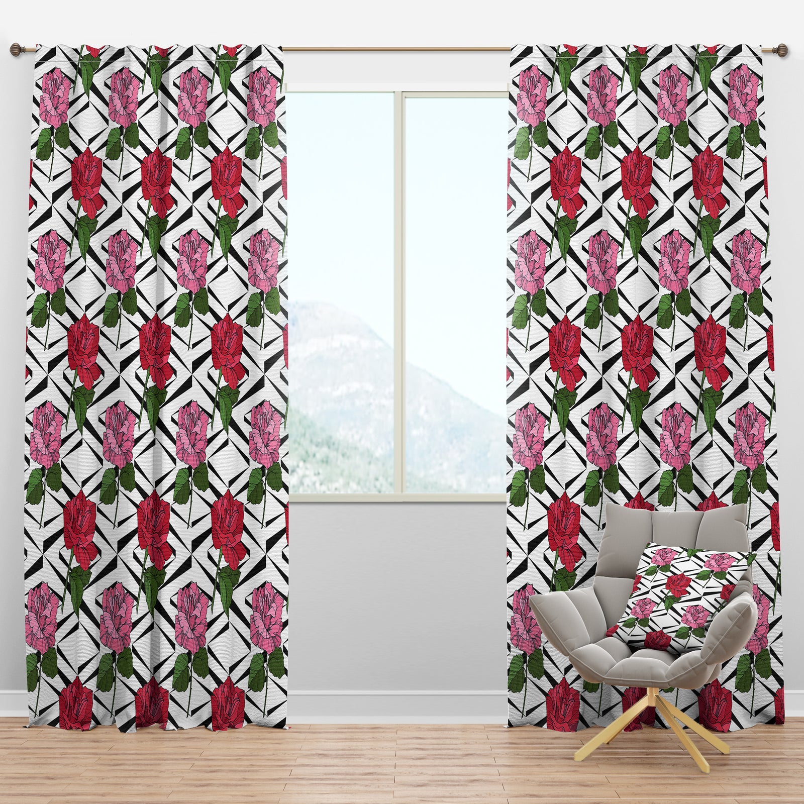 Retro Pink And Red Roses - Mid-Century Modern Curtain Panels