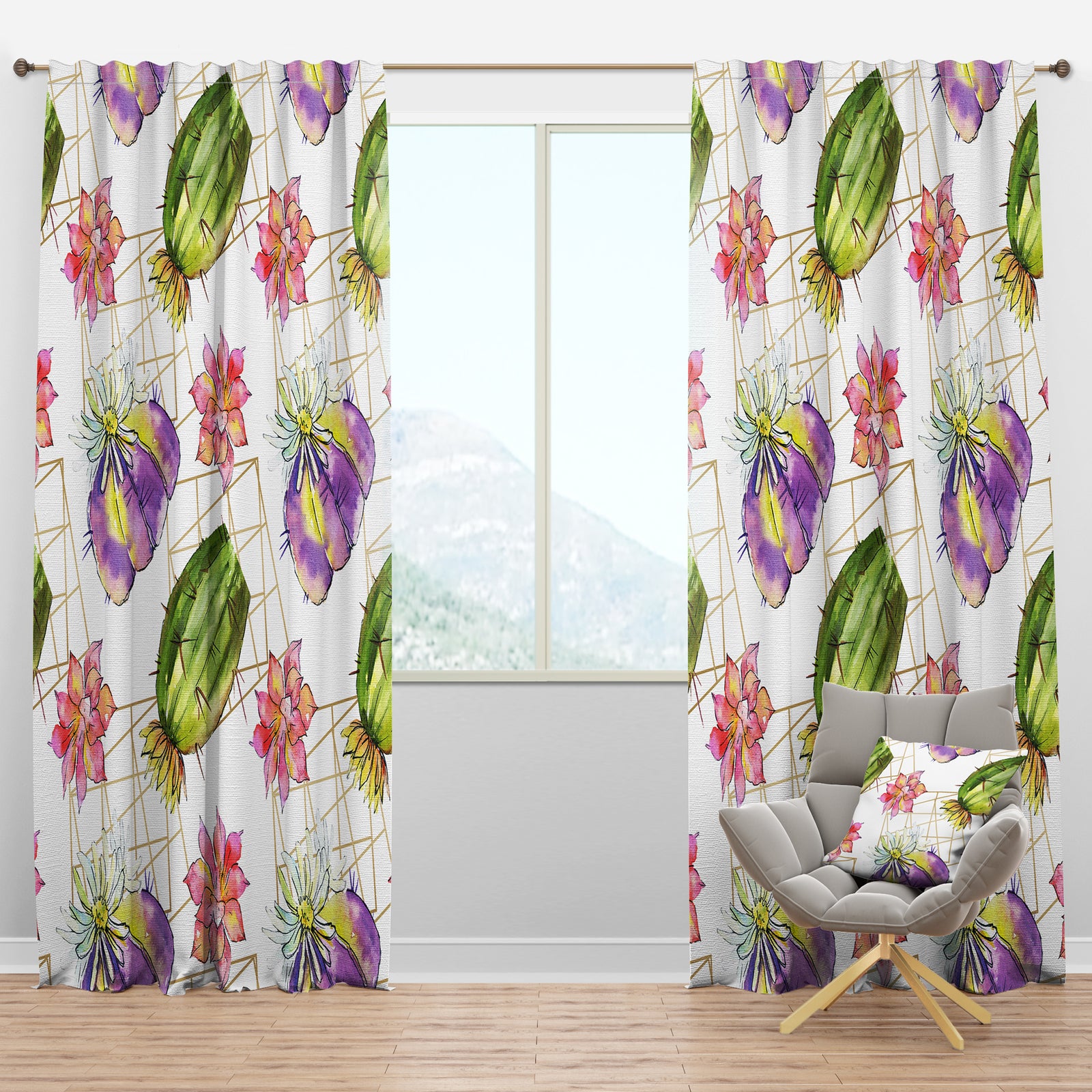 Green Cactus Pattern - Mid-Century Modern Curtain Panels