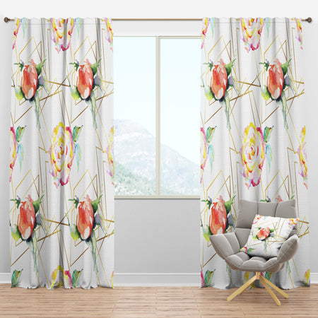 Orange Rose Flower Retro Pattern - Mid-Century Modern Curtain Panels