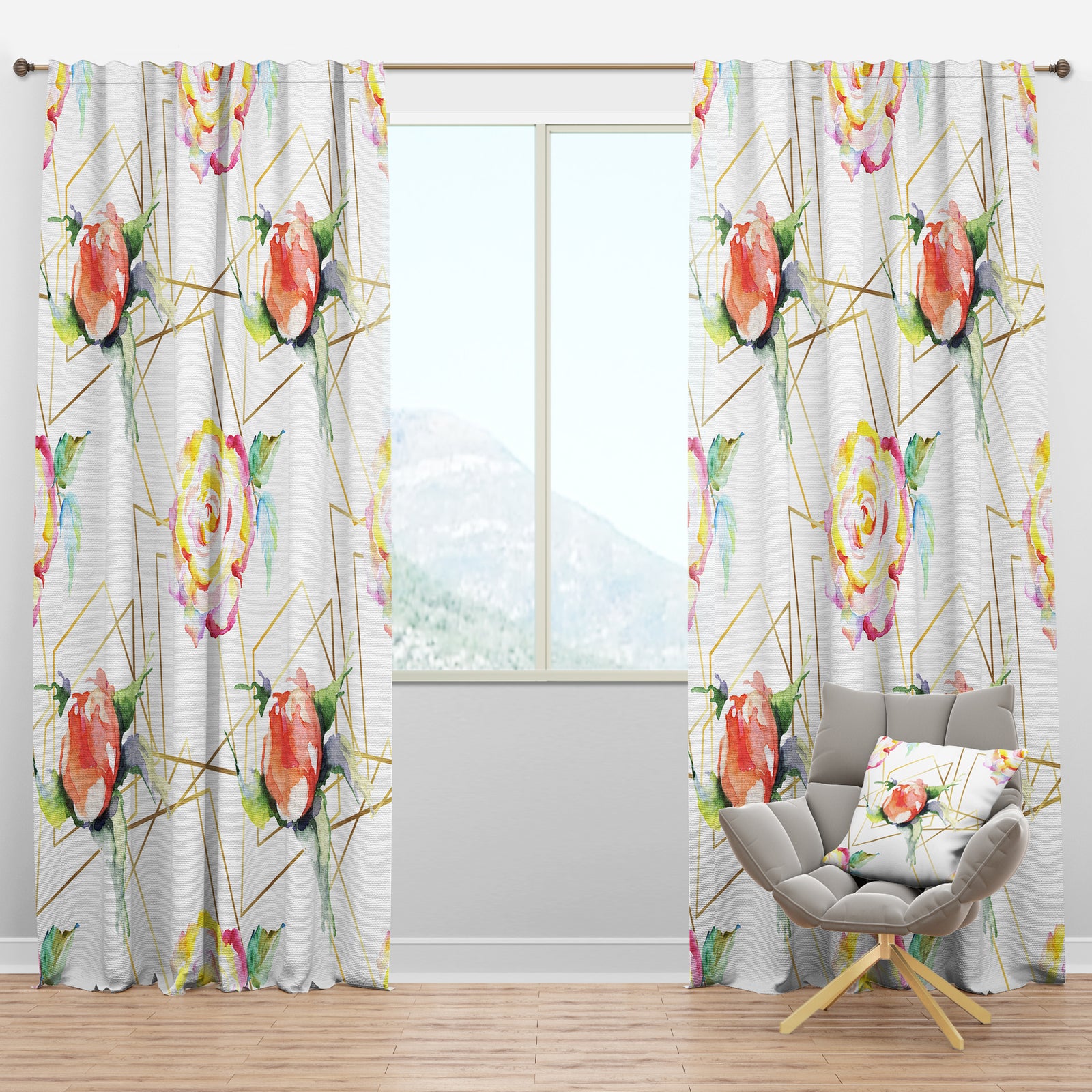 Orange Rose Flower Retro Pattern - Mid-Century Modern Curtain Panels