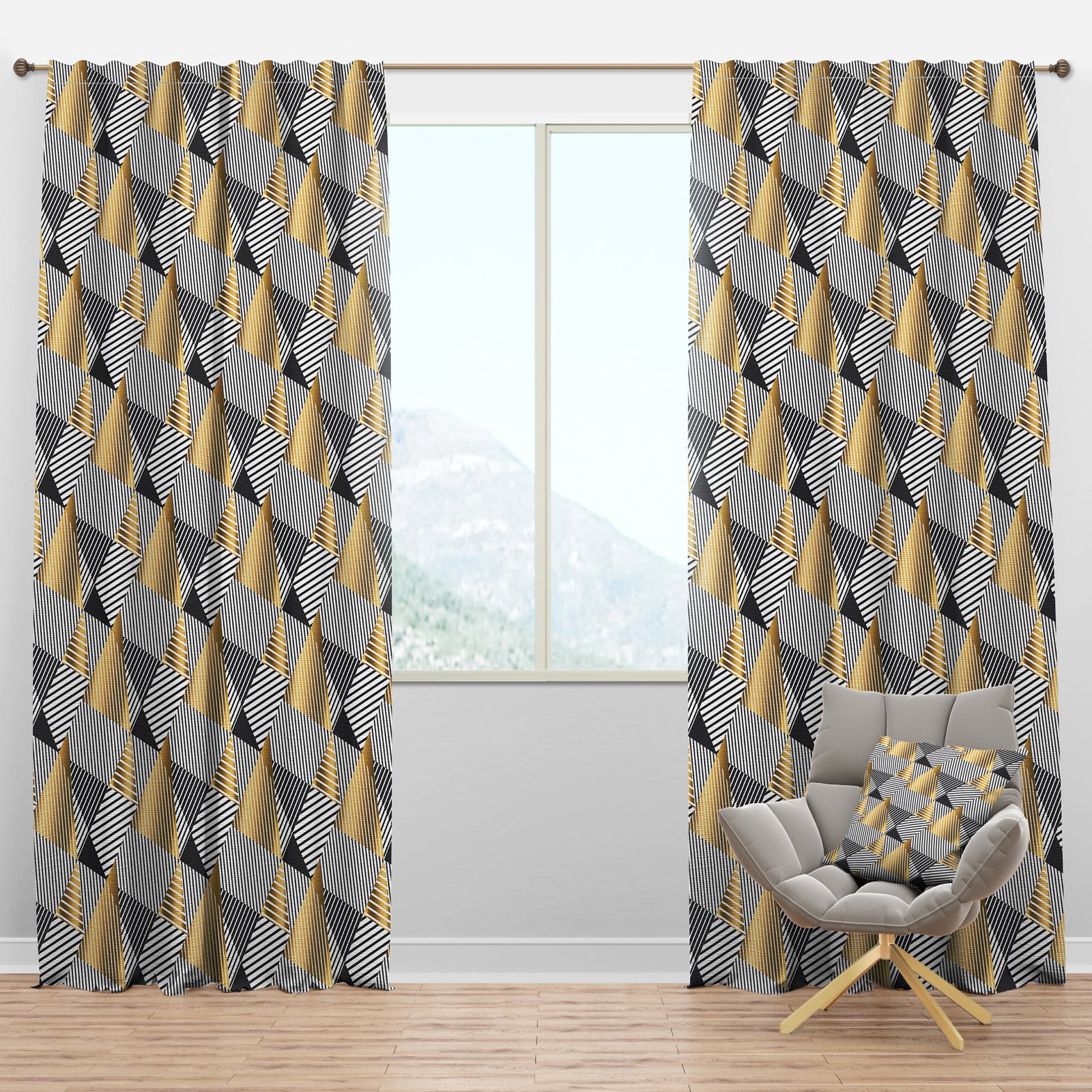 Retro Luxury Waves In Gold And Blue VI - Mid-Century Modern Curtain Panels