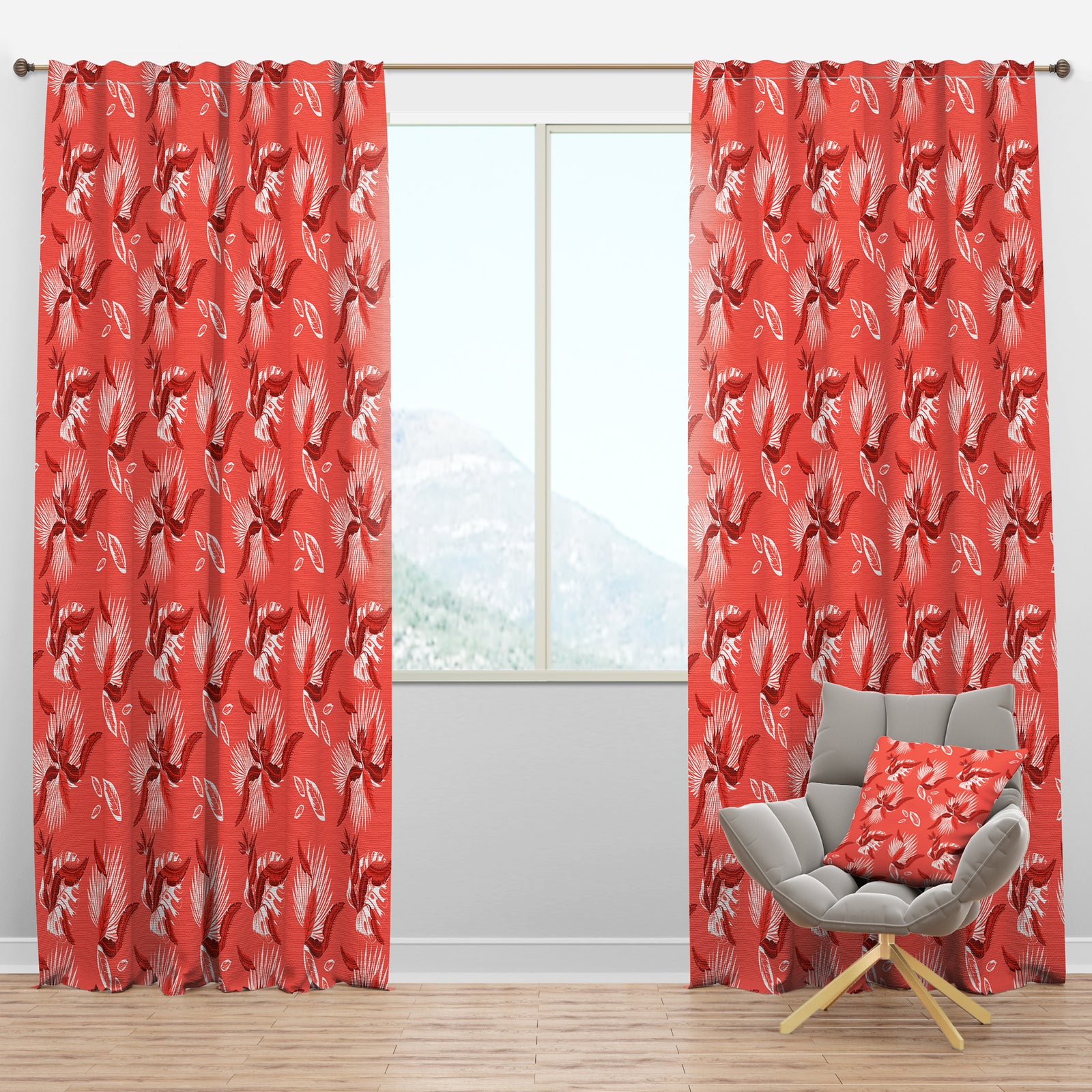 Coral Flowers Of Bird Of Paradise - Mid-Century Modern Curtain Panels