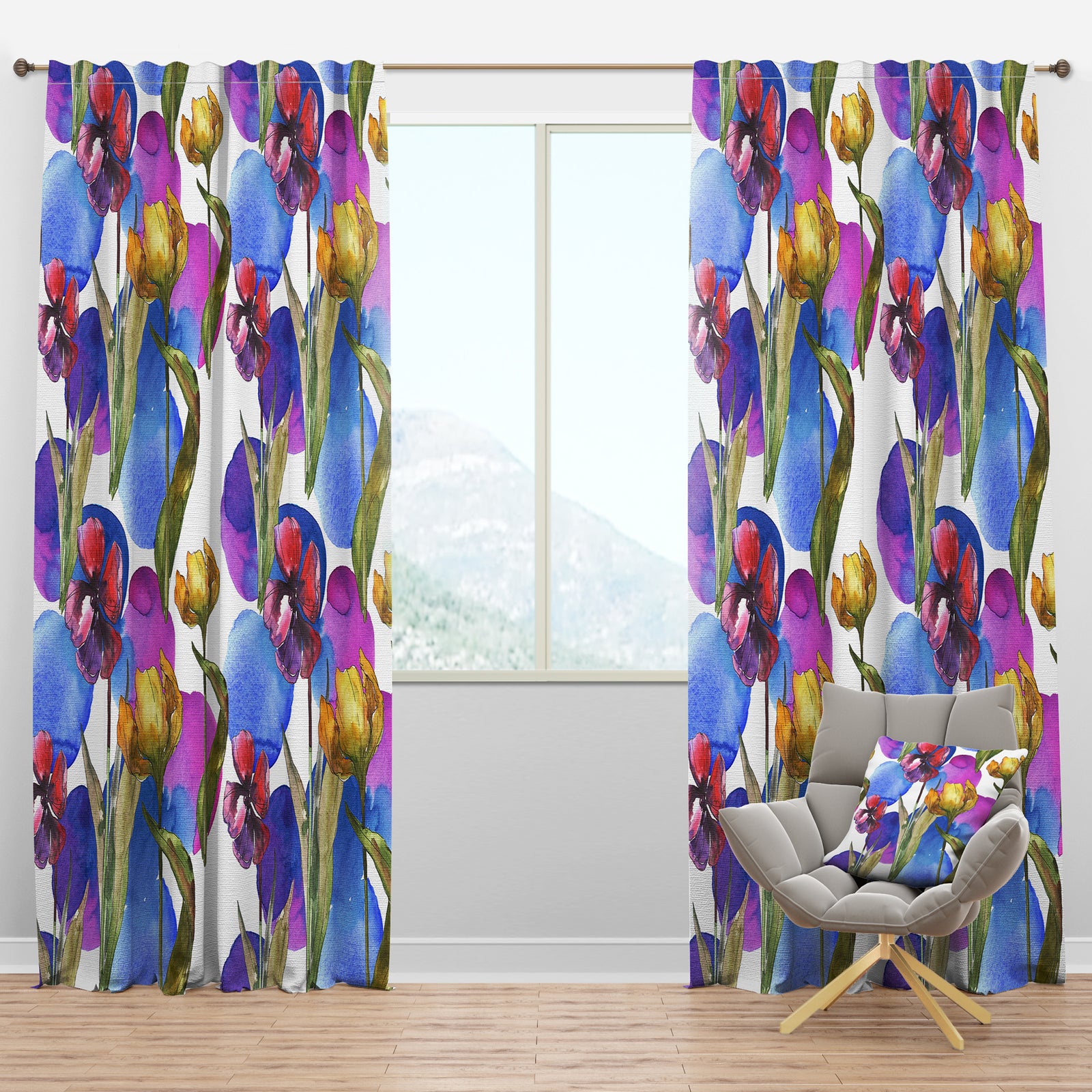 Retro Tulips in Purple - Mid-Century Modern Curtain Panels