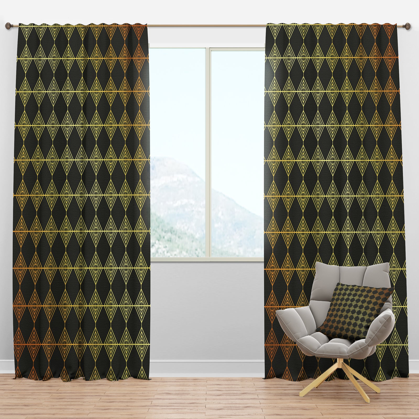 Golden Luxury Metallic Geometrics I - Mid-Century Modern Curtain Panels