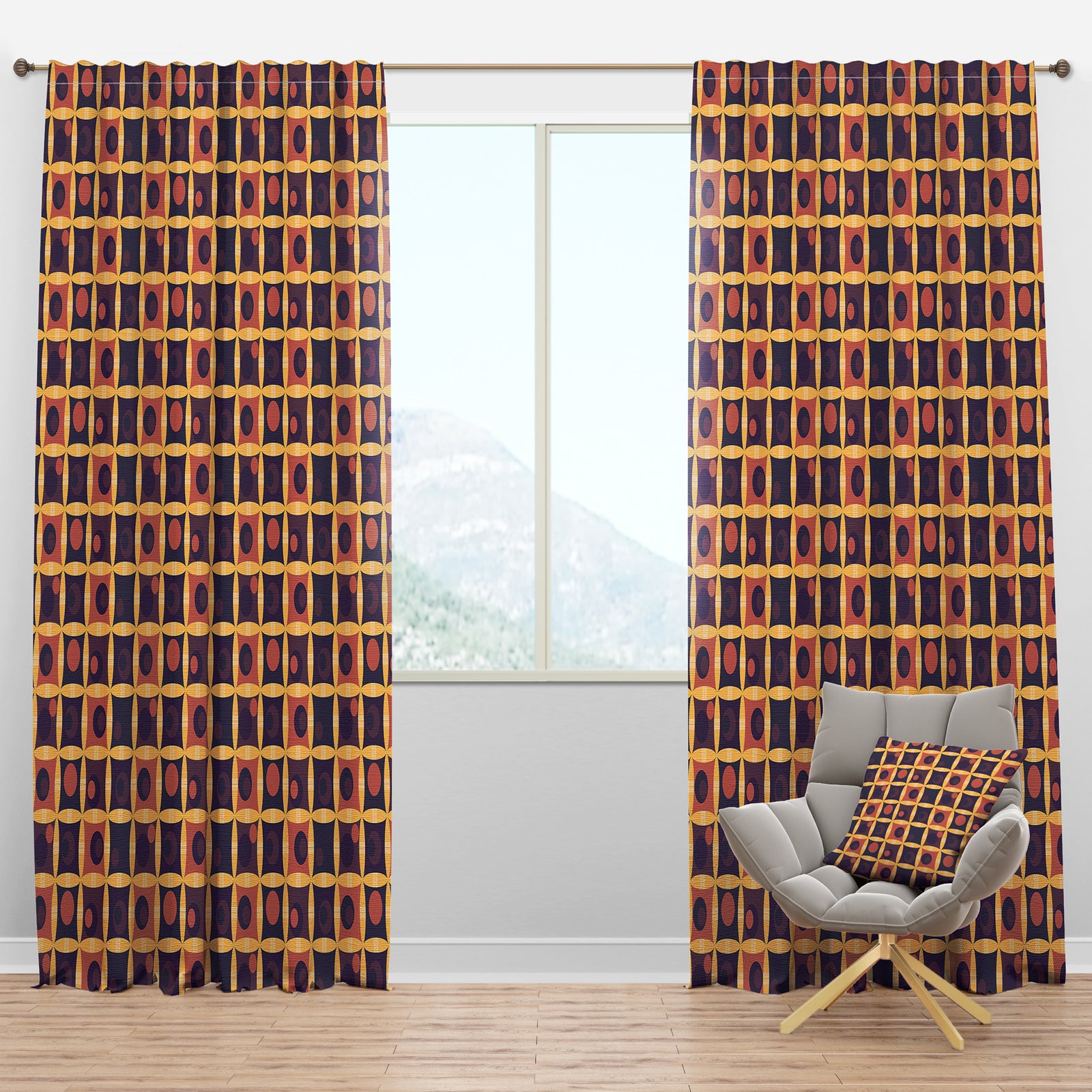 Retro Grid in Orange - Mid-Century Modern Curtain Panels