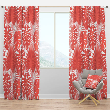 Tropical Retro Foliage Coral I - Mid-Century Modern Curtain Panels