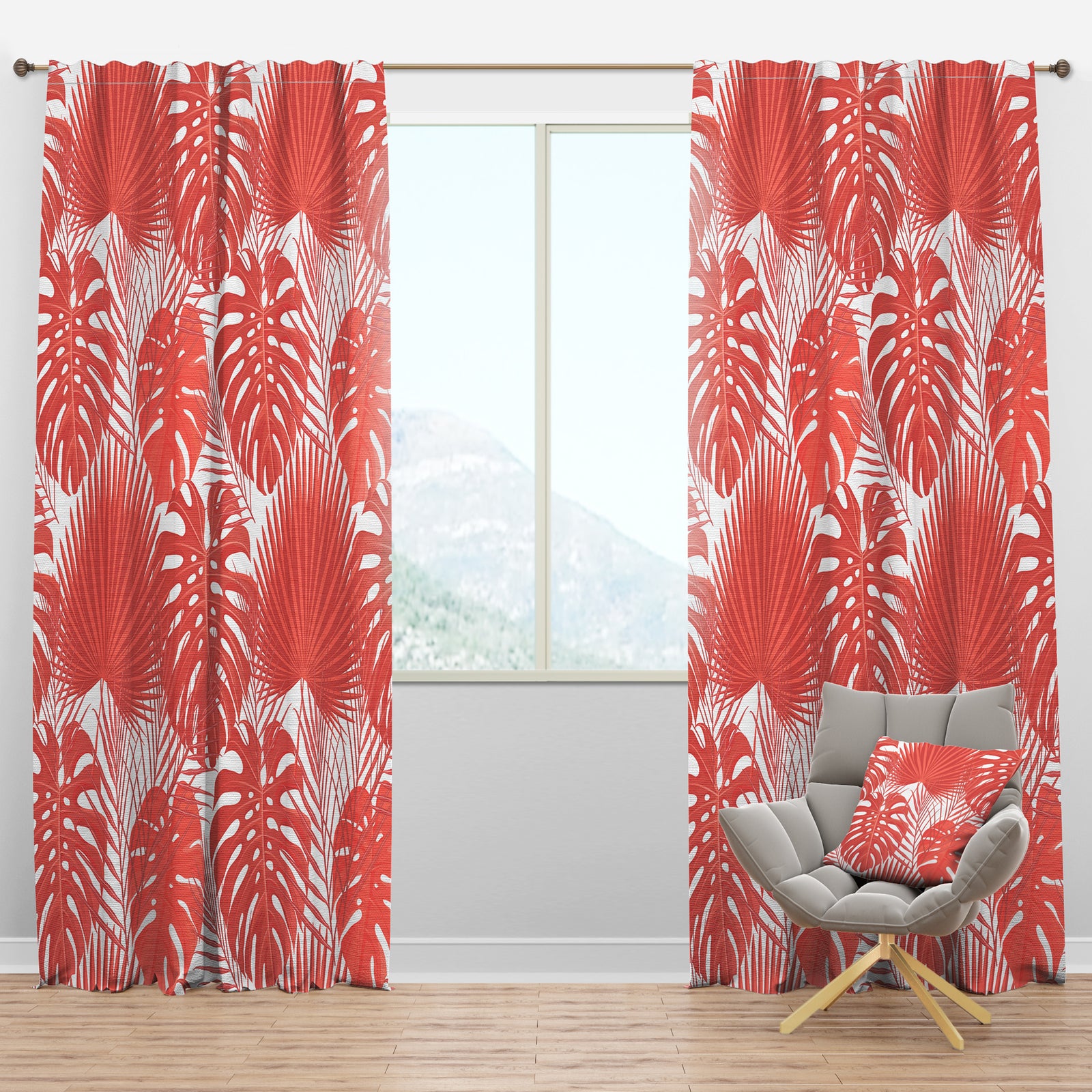 Tropical Retro Foliage Coral I - Mid-Century Modern Curtain Panels