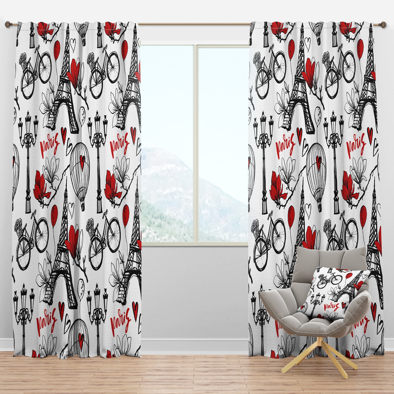 Paris Eiffel Red Hearts I - Mid-Century Modern Curtain Panels