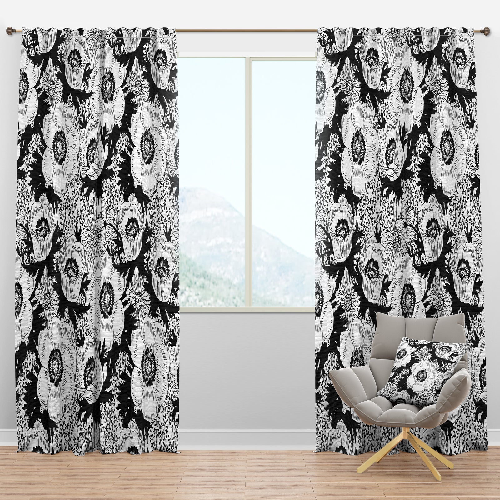 Retro Monochrome Flowers Pattern - Mid-Century Modern Curtain Panels