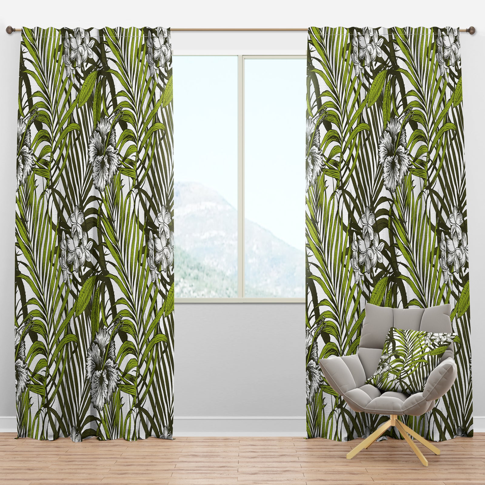 Tropical Palm Leaves I - Mid-Century Modern Curtain Panels