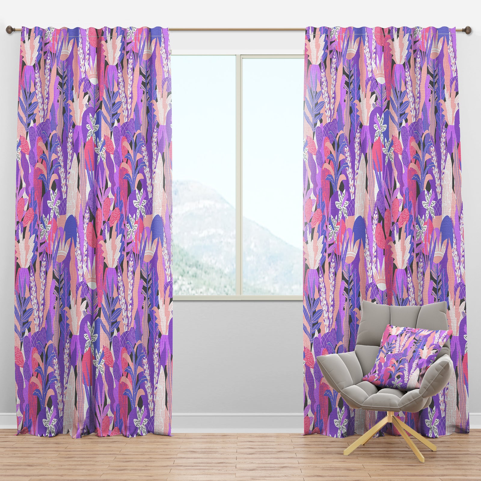 Fantasy Flowers In Purple - Mid-Century Modern Curtain Panels