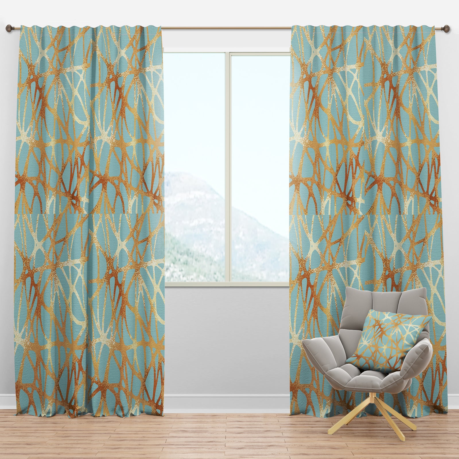 Golden Luxury Metallic Geometrics IV - Mid-Century Modern Curtain Panels