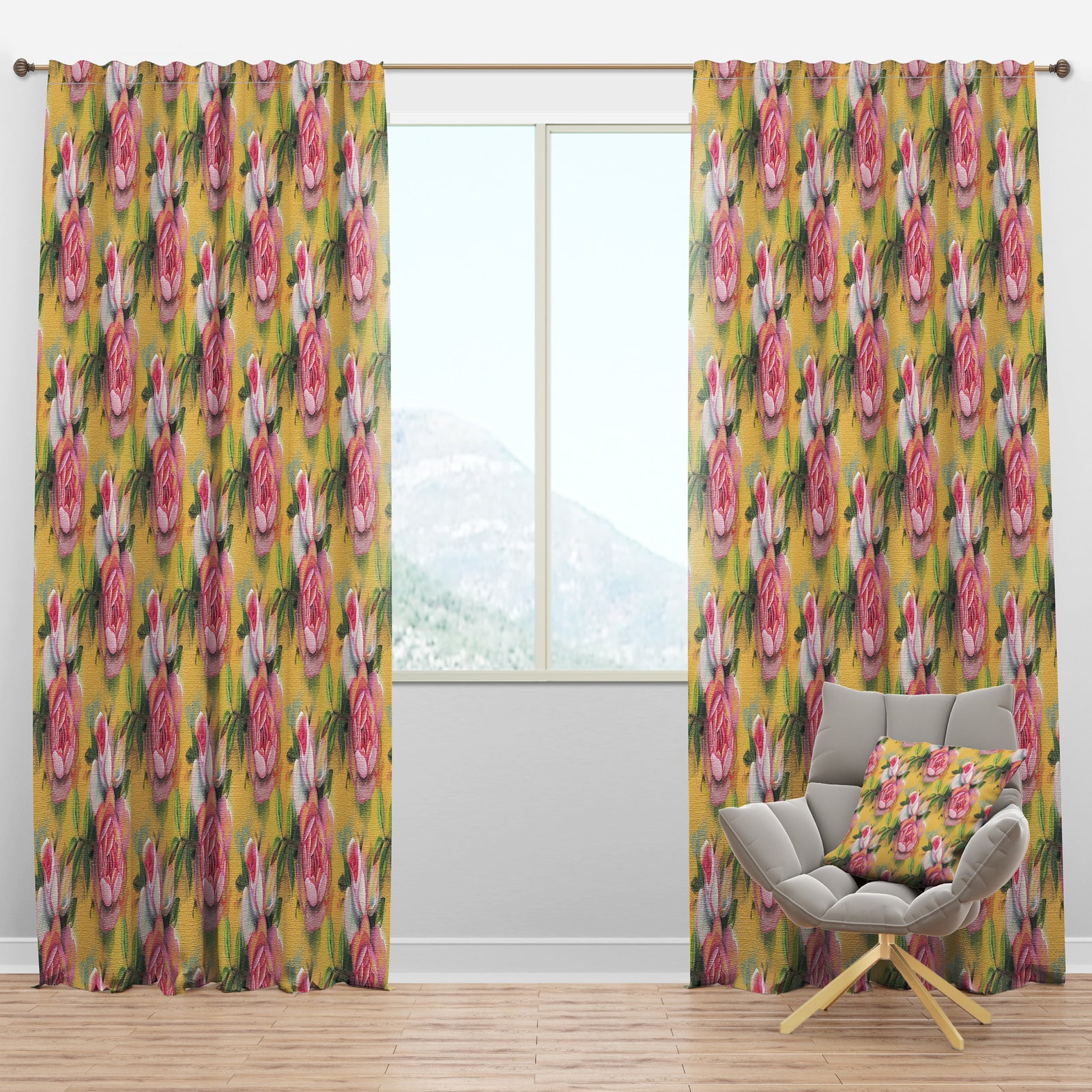 Hand-drawn Pink Watercolor Roses. - Mid-Century Modern Curtain Panels