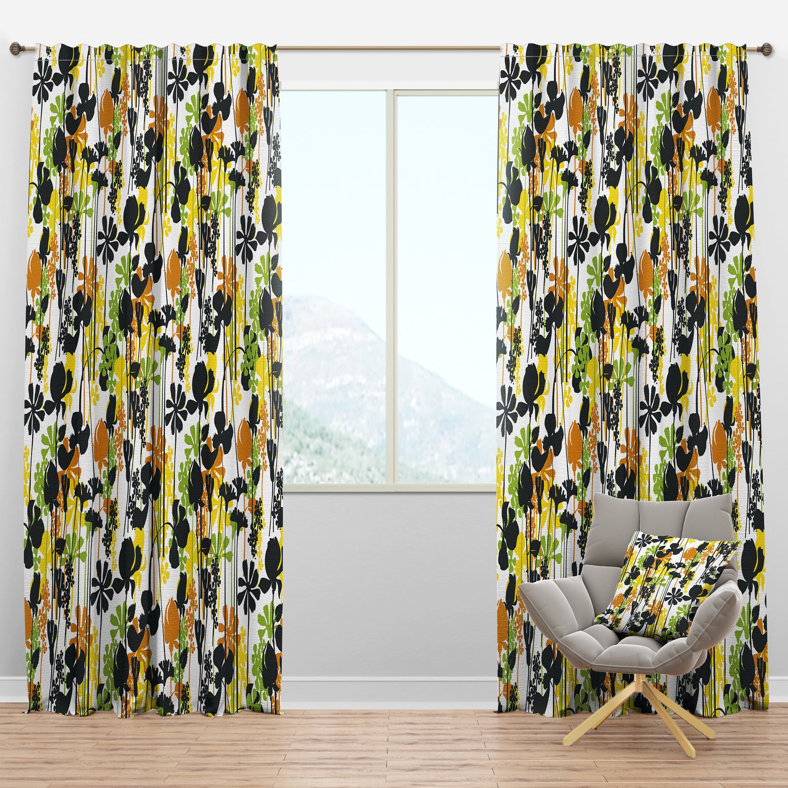 Summer meadow pattern, black silhouettes - Mid-Century Modern Curtain Panels