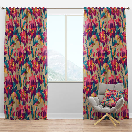 Elegant blossom hand drawn folk pattern - Mid-Century Modern Curtain Panels