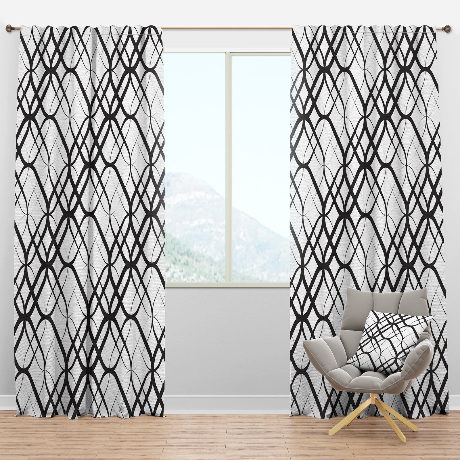 Monochrome Geometric Pattern III - Mid-Century Modern Curtain Panels