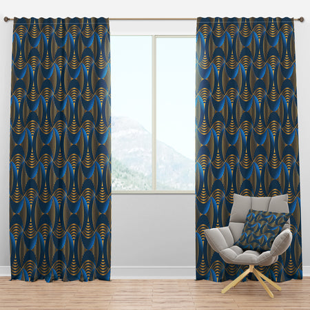 Geometric abstract waves in gold and marine blue - Mid-Century Modern Curtain Panels
